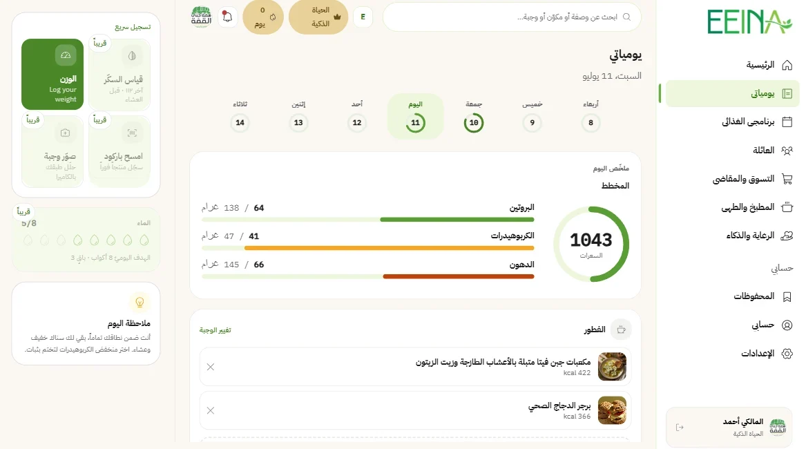 EEINA diary on desktop: the week rings and each day's summary