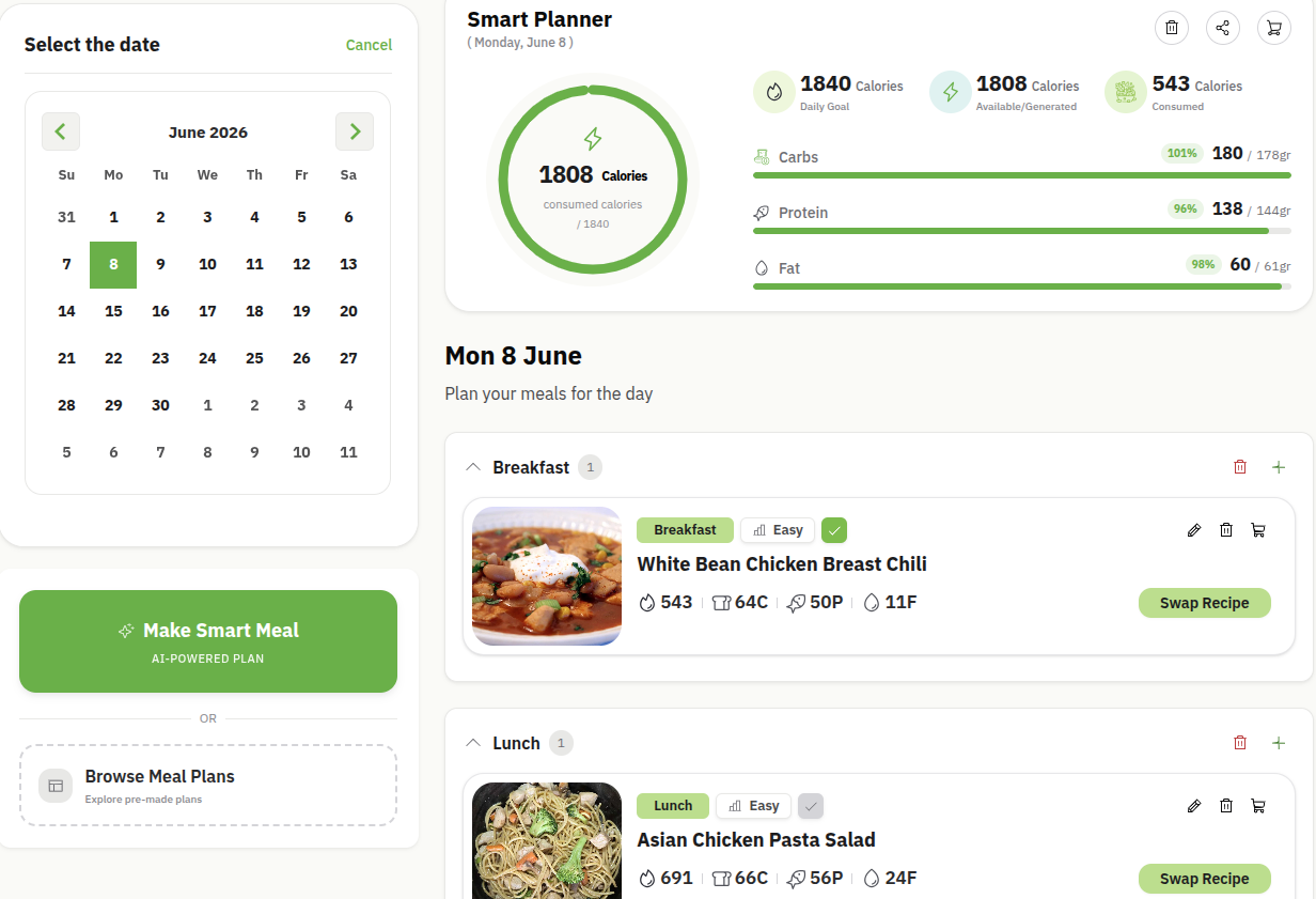 EEINA Smart Planner: calorie ring, macro breakdown, weekly calendar, and the day's meals