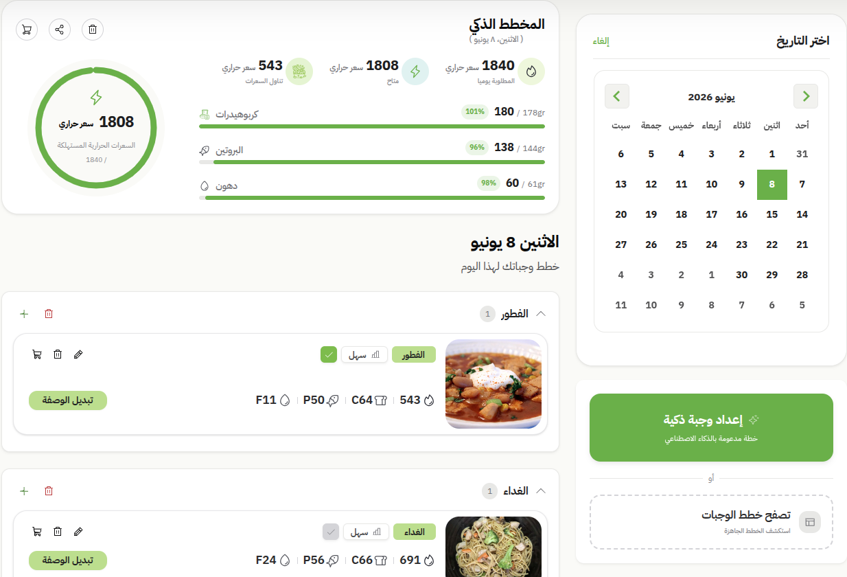 المخطّط الذكيّ في تطبيق إيناء: حلقة السعرات، الوحدات الغذائيّة، التقويم الأسبوعيّ، ووجبات اليوم