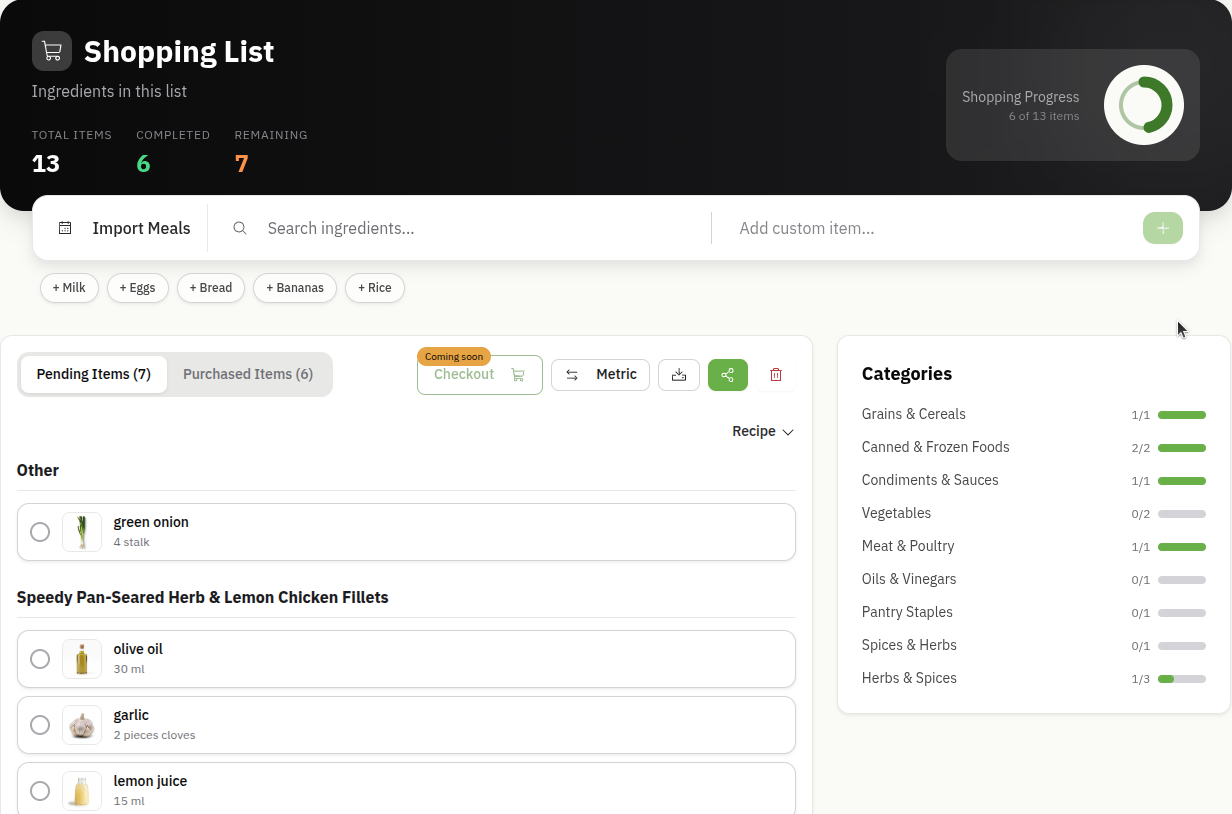EEINA Shopping List: ingredients sorted by category with completed and remaining tracking
