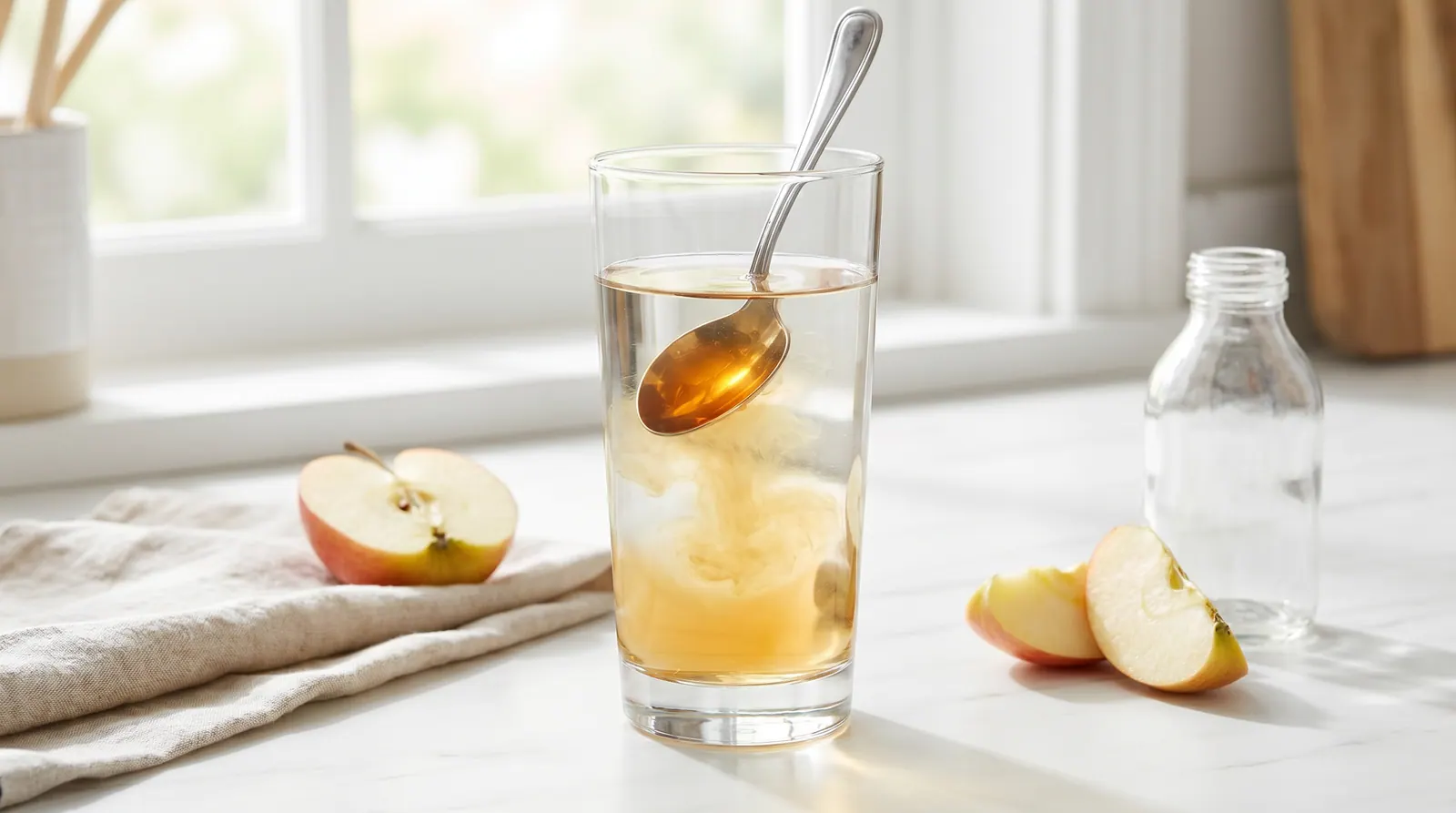 A tablespoon of apple cider vinegar being diluted in a large glass of water with a straw