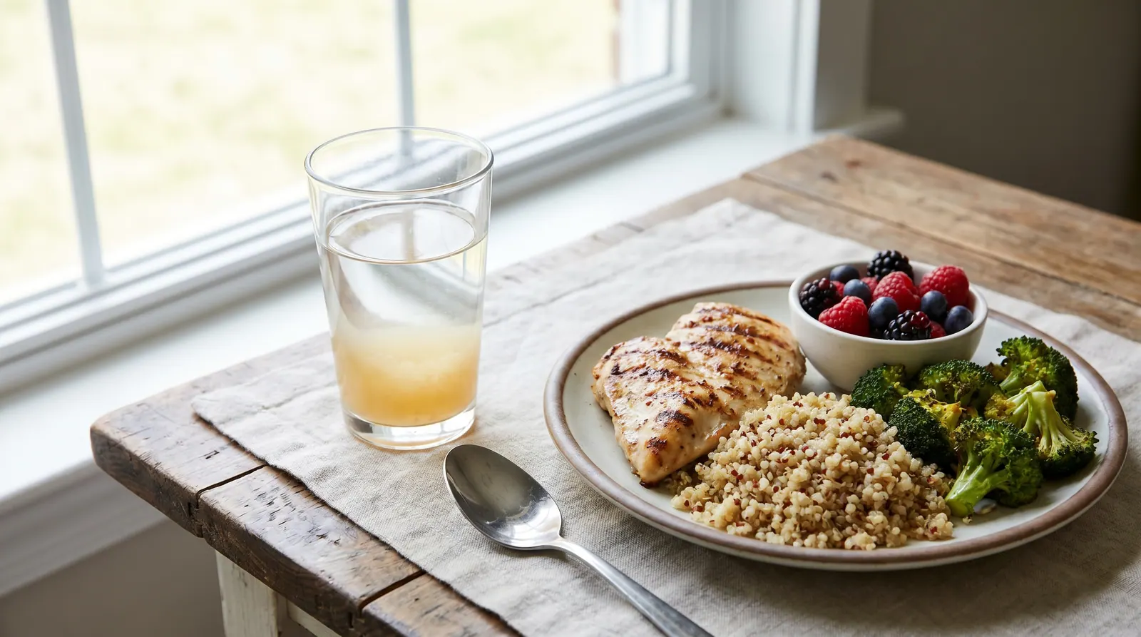A glass of water with apple cider vinegar next to a starchy meal, representing its effect on post-meal blood sugar