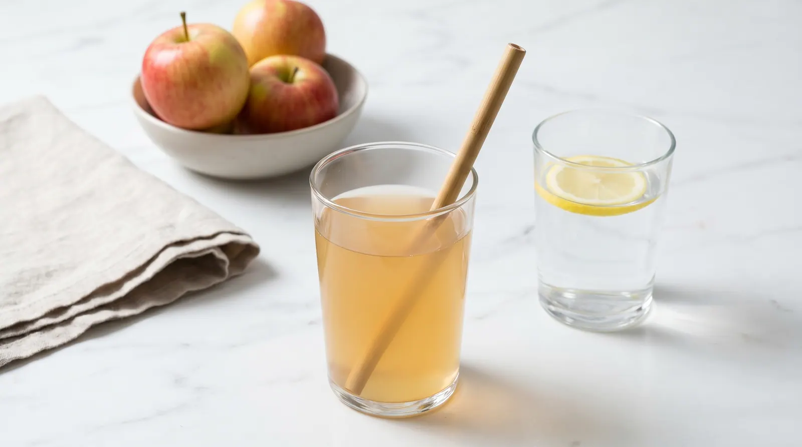 A serene scene showing a glass of diluted ACV with a glass of water for rinsing afterward