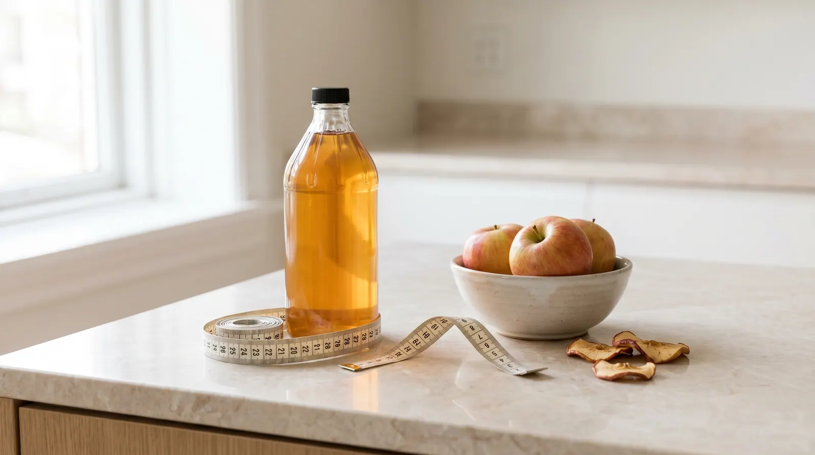 A scale and measuring tape next to a bottle of apple cider vinegar, representing weak weight loss evidence