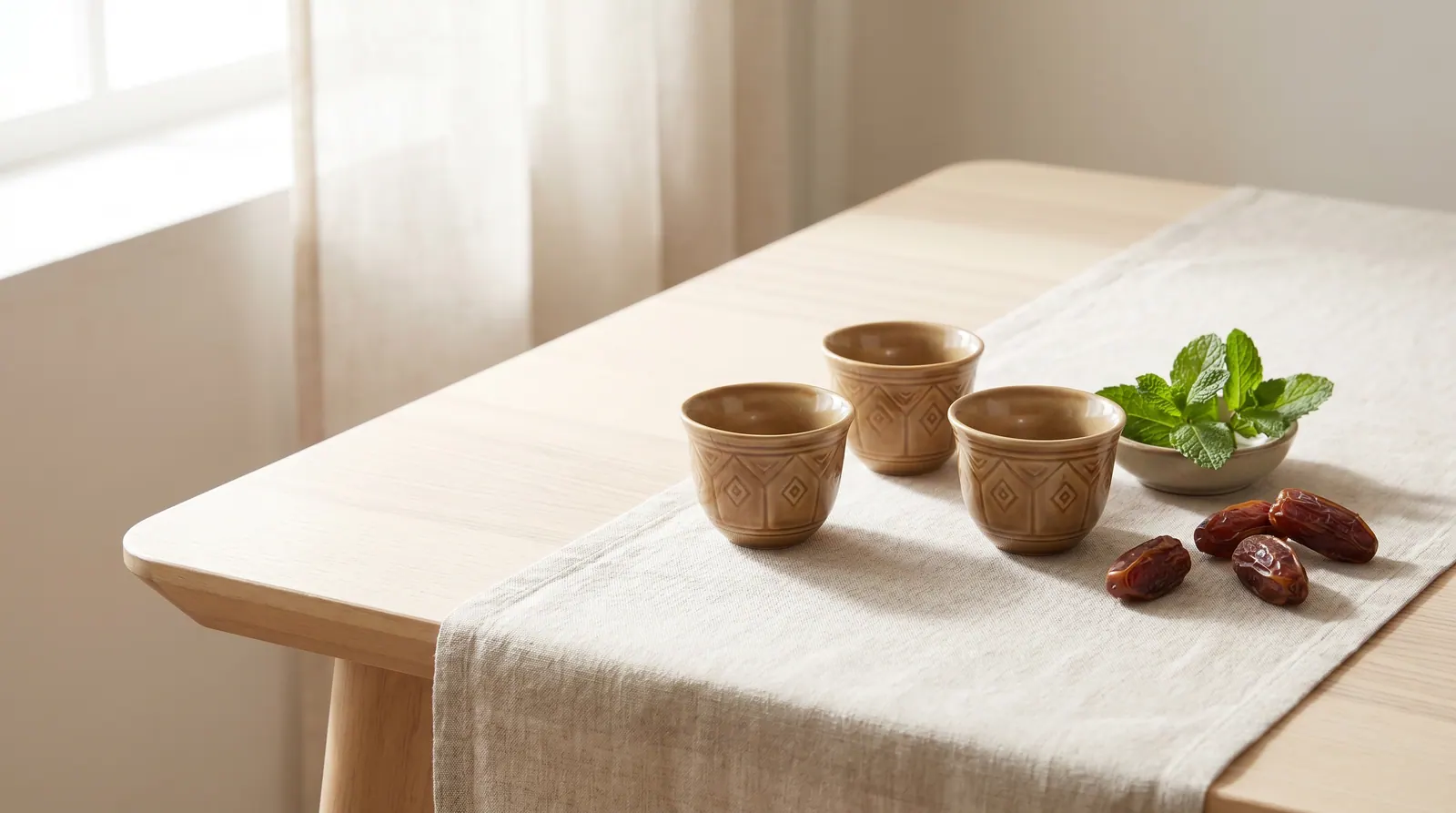 A row of Arabic coffee cups illustrating caffeine accumulation throughout the day