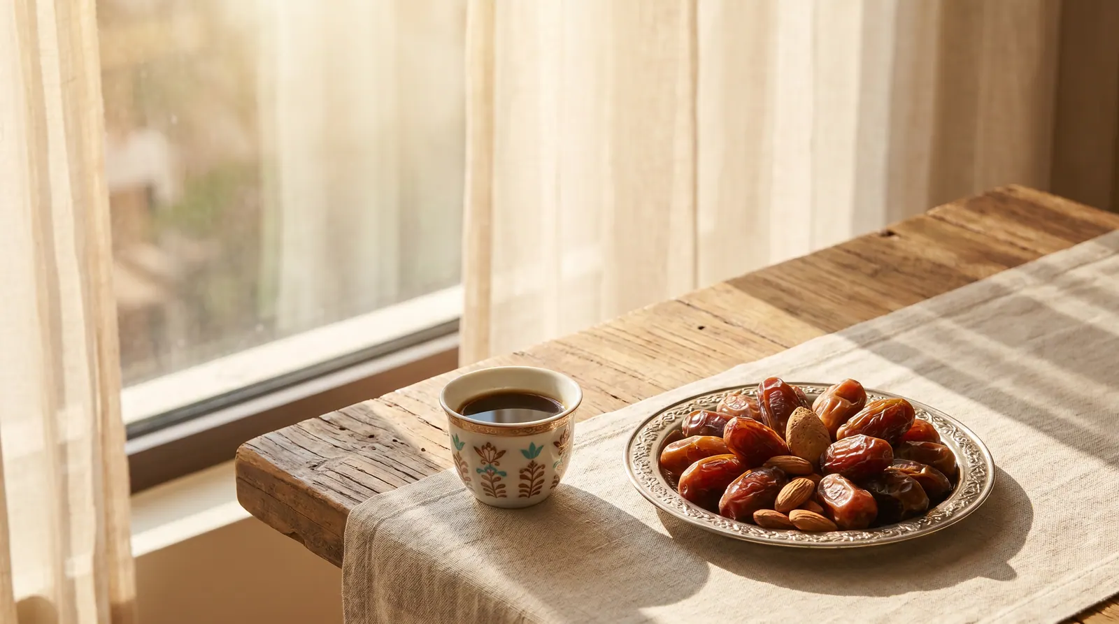 A cup of Arabic coffee with a few dates on a small plate