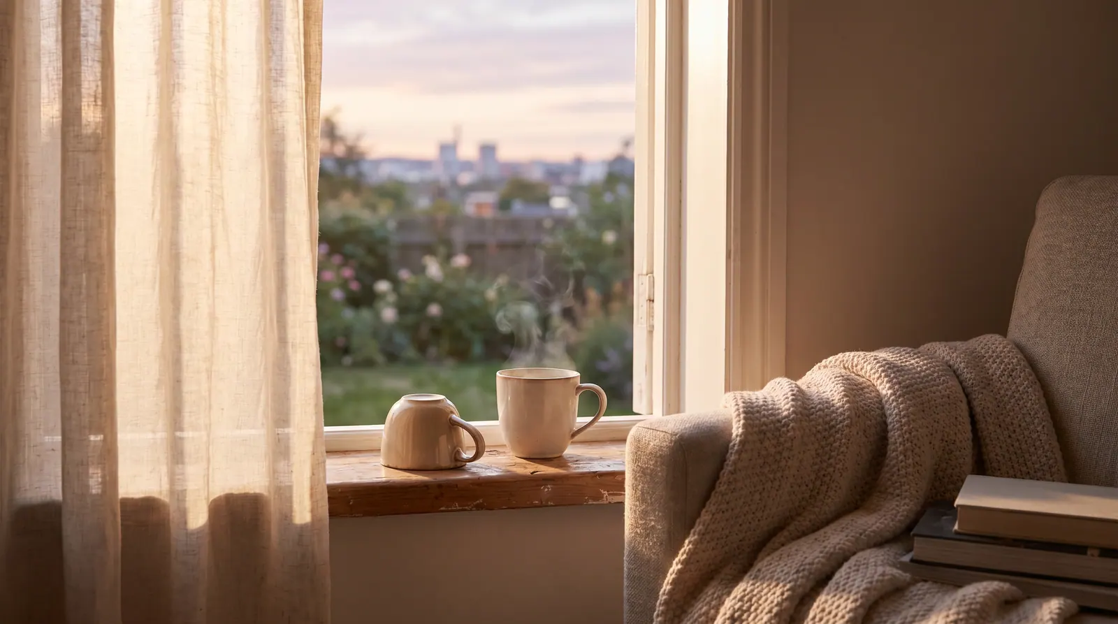 A cup of coffee next to a clock showing late afternoon with dim daylight