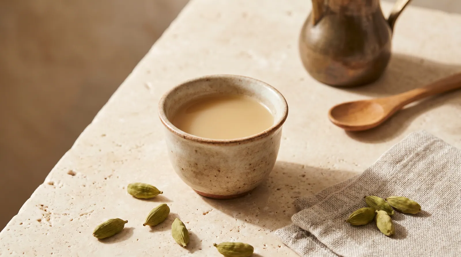 A pot of Arabic coffee and cups with cardamom pods on a hospitality table