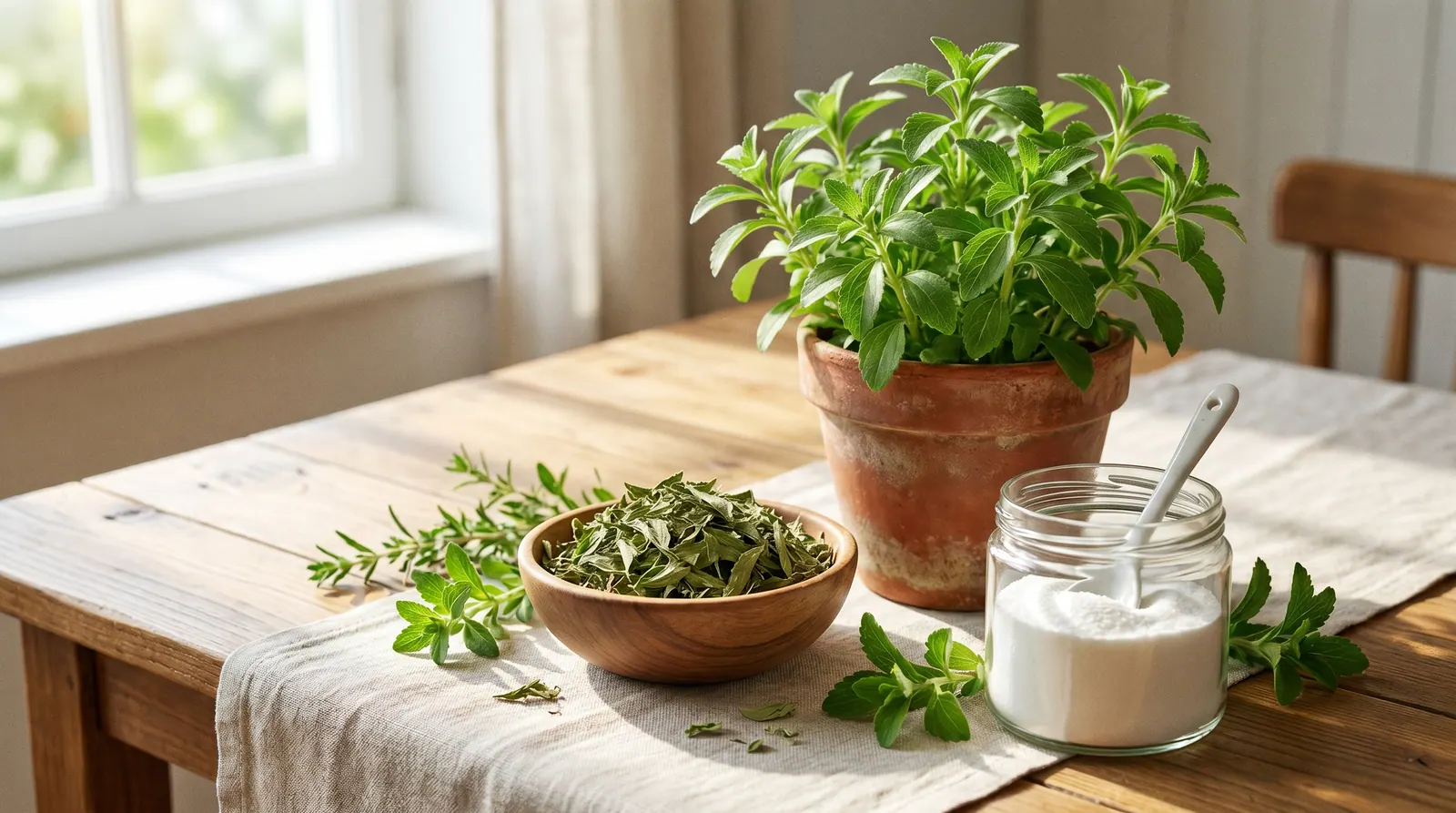 Green stevia plant leaves, the source of natural sweetener