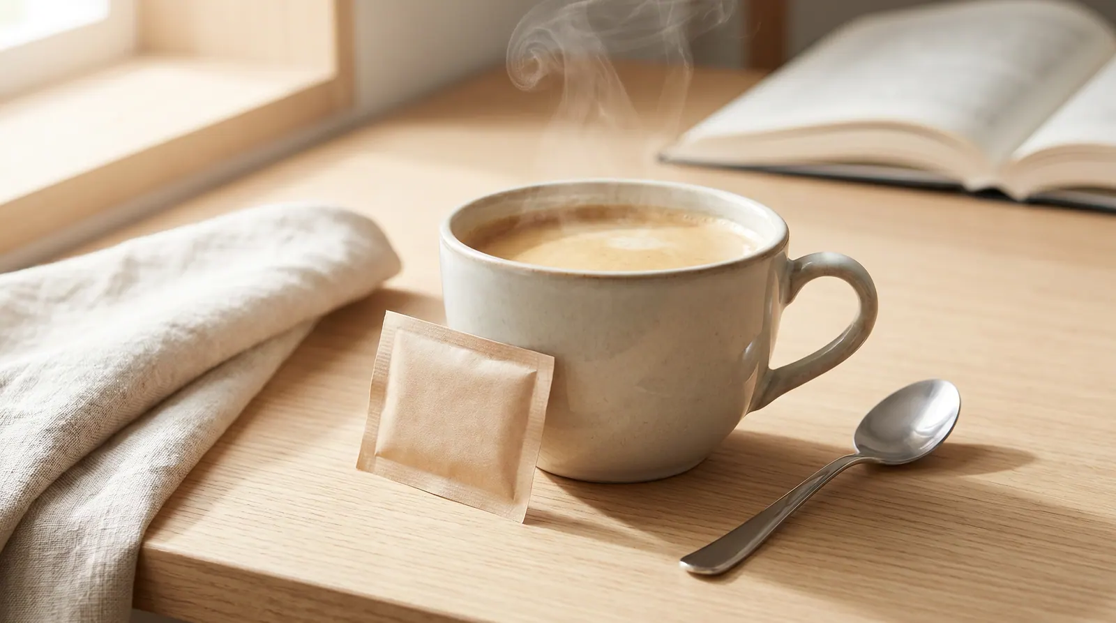 A sweetener packet being added to a cup of coffee as a tool to reduce sugar
