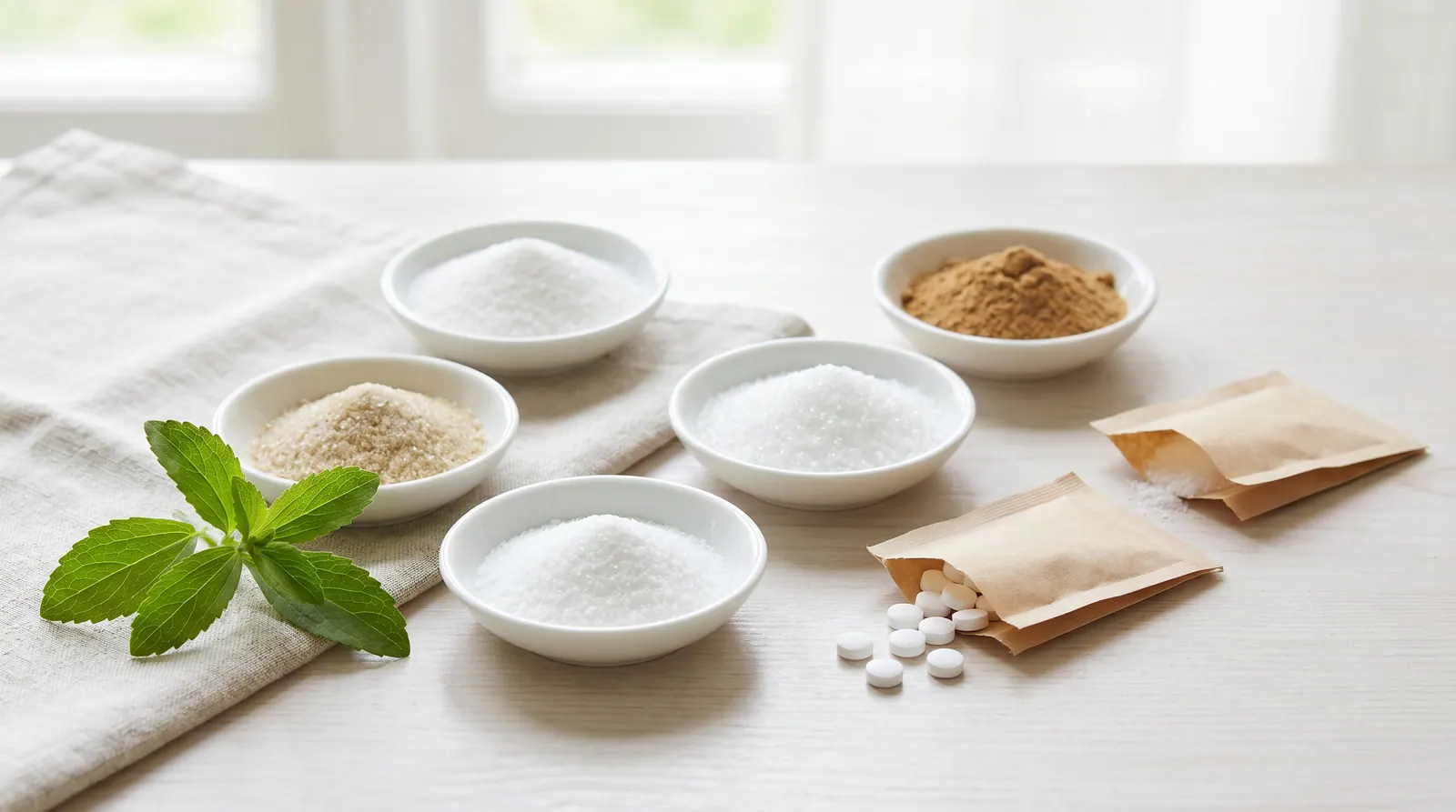 Various packets of low-calorie sweeteners on a table
