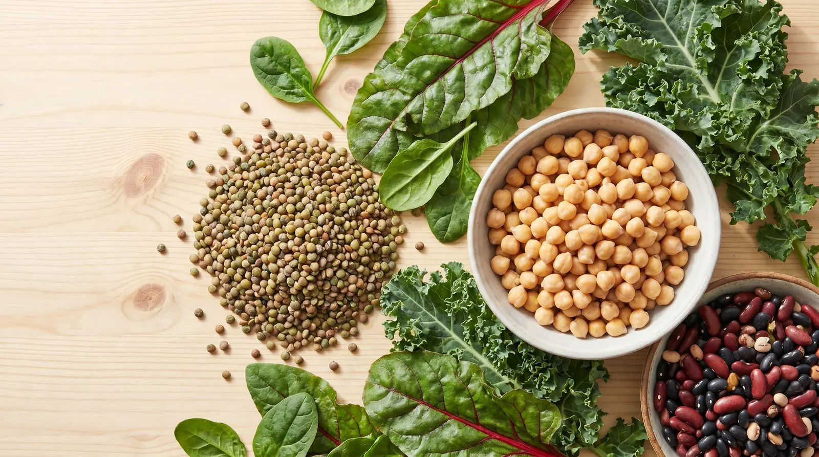 Fiber-rich legumes and vegetables: lentils, chickpeas, beans, and leafy greens