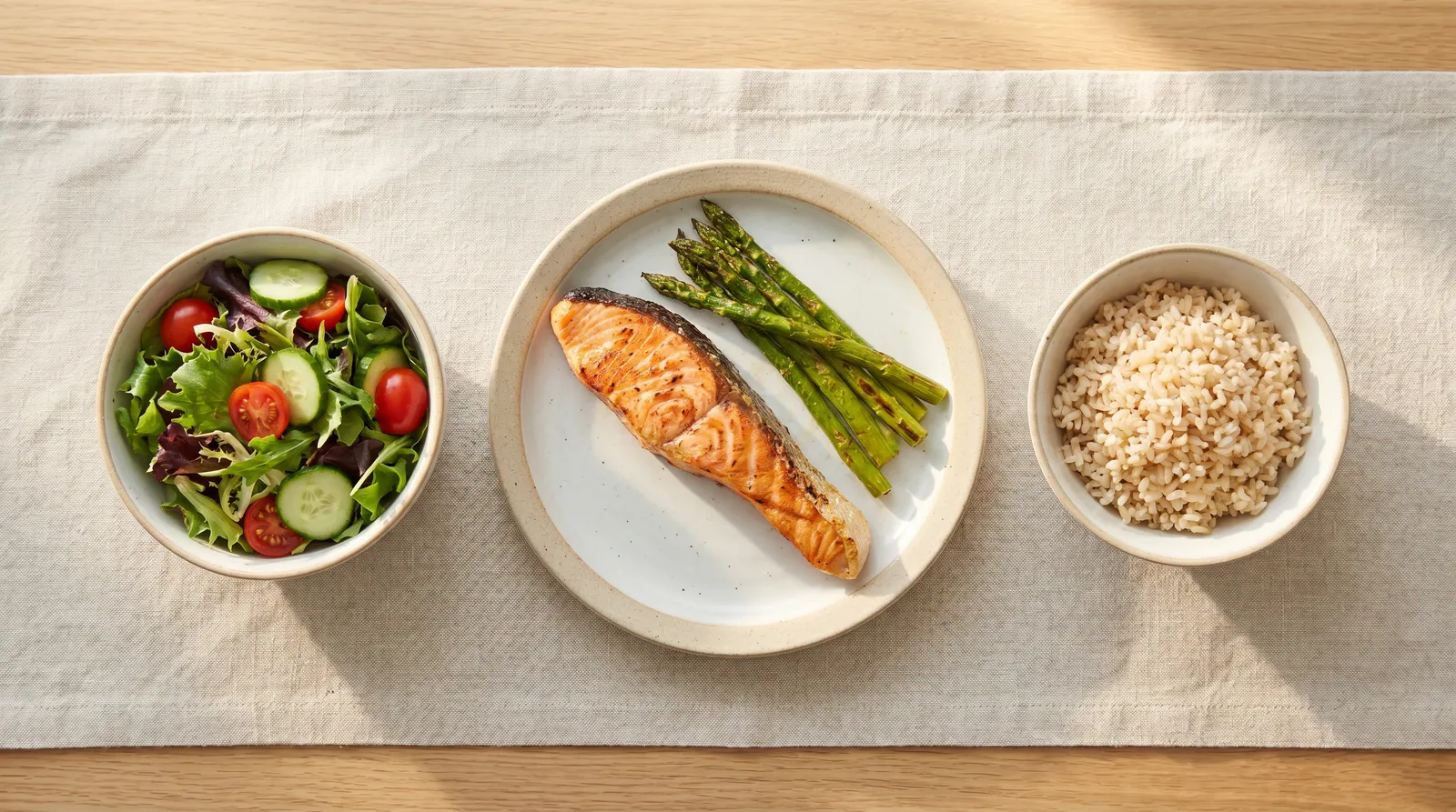 A balanced Saudi plate arranged according to food order: salad, then chicken, then rice