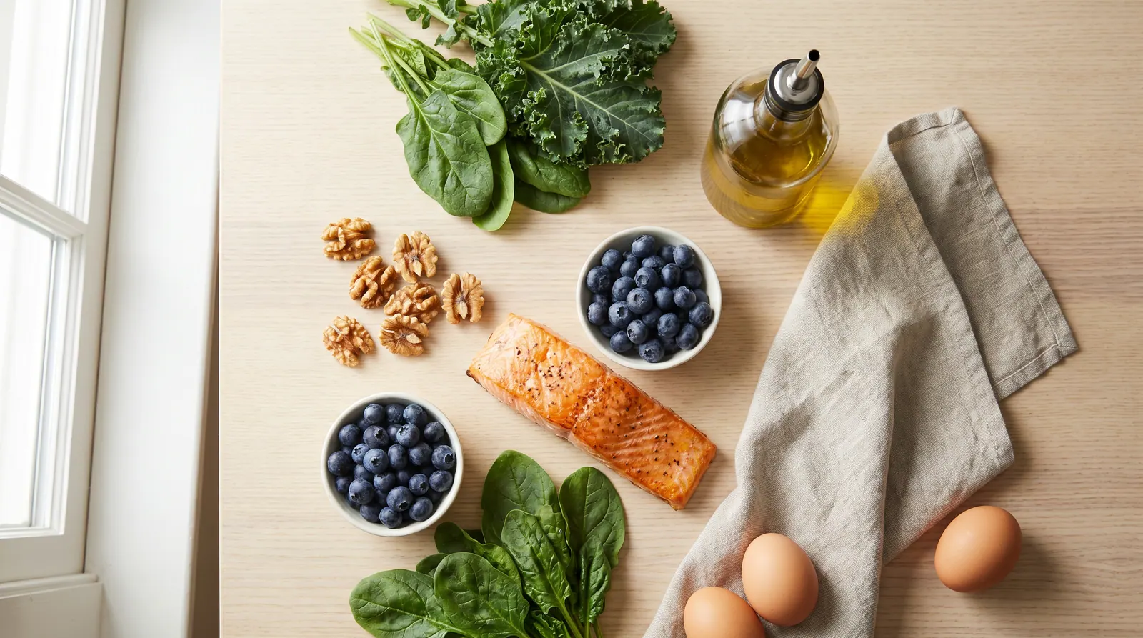 Brain-supportive foods on a calm table