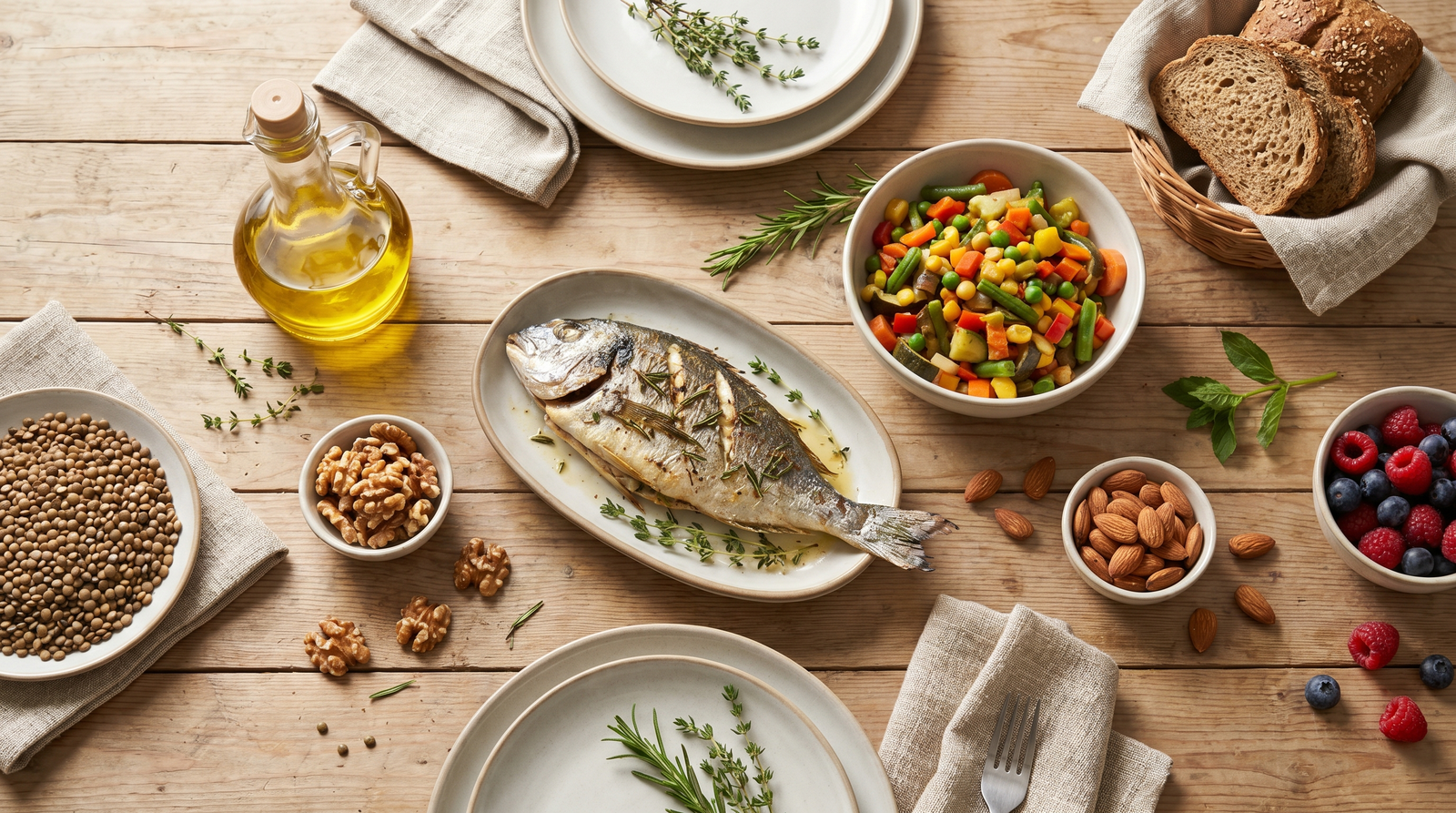مائدة على النمط المتوسّطيّ تجمع خضاراً وأسماكاً وبقولاً وزيت زيتون
