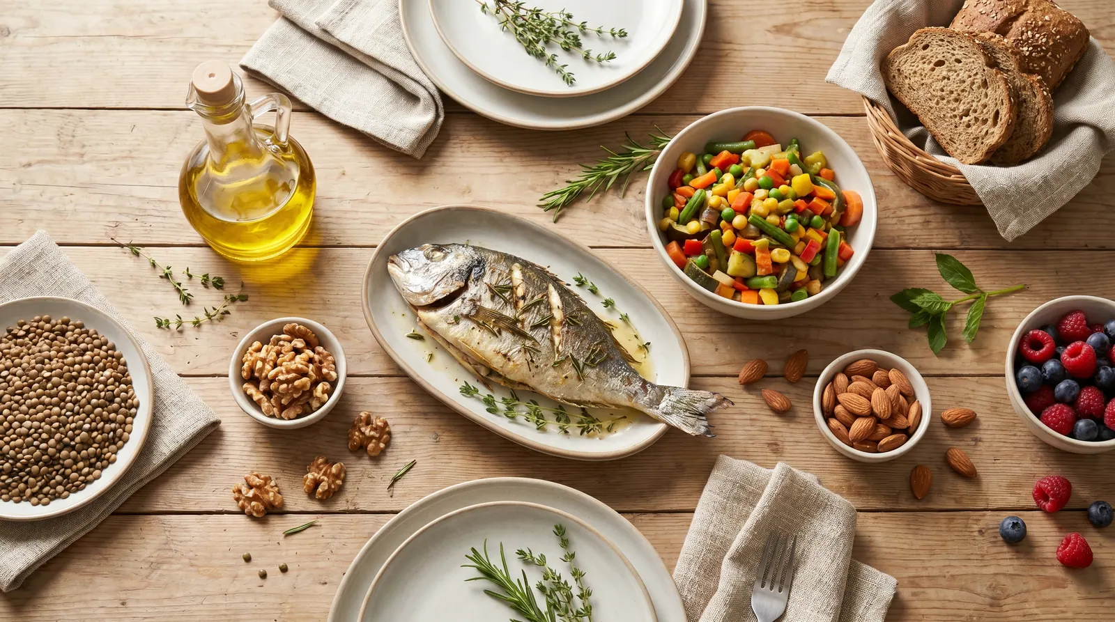 A Mediterranean-style table with vegetables, fish, legumes, and olive oil