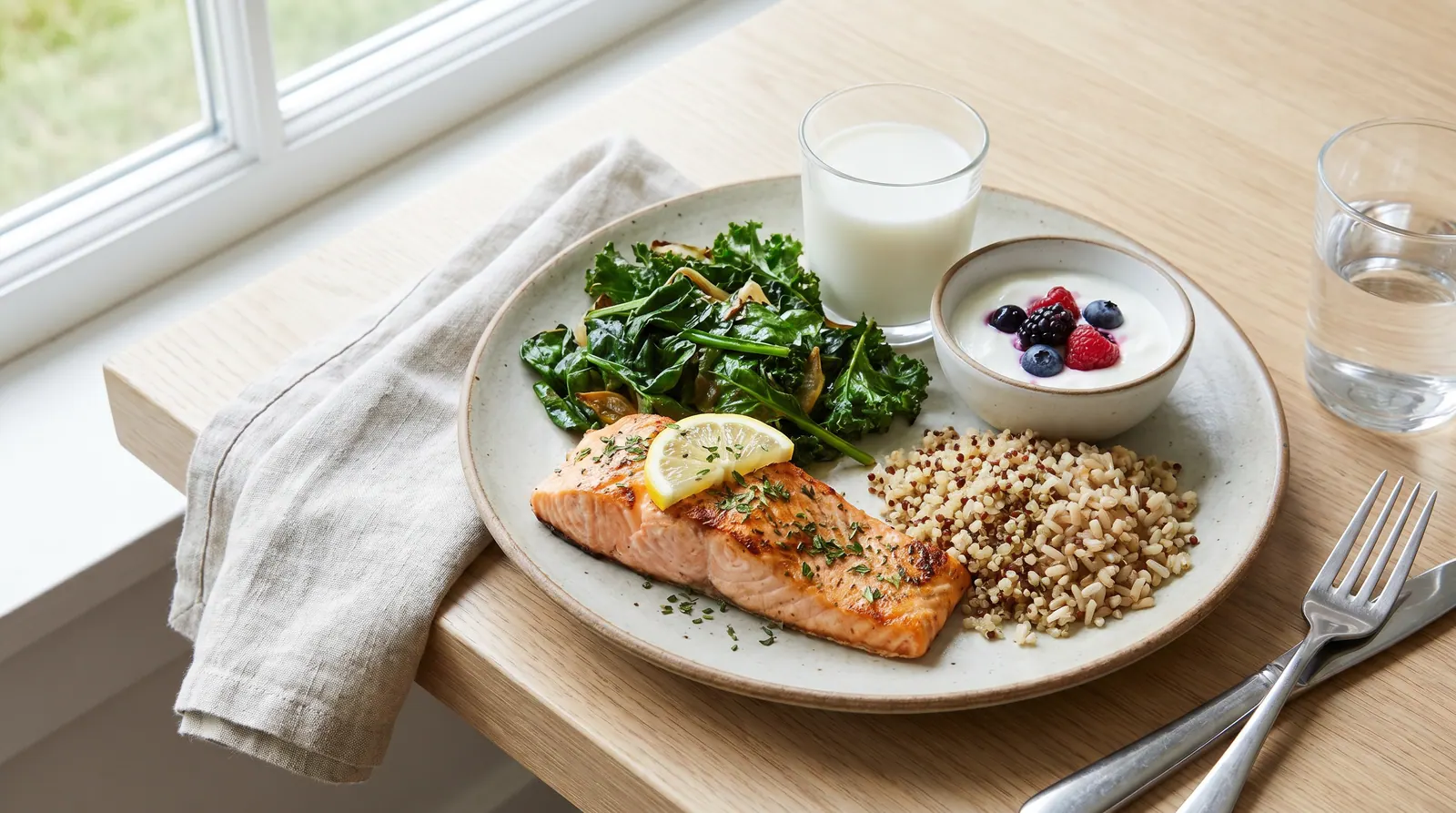 A balanced plate for a nursing mother including protein, vegetables, and a calcium source