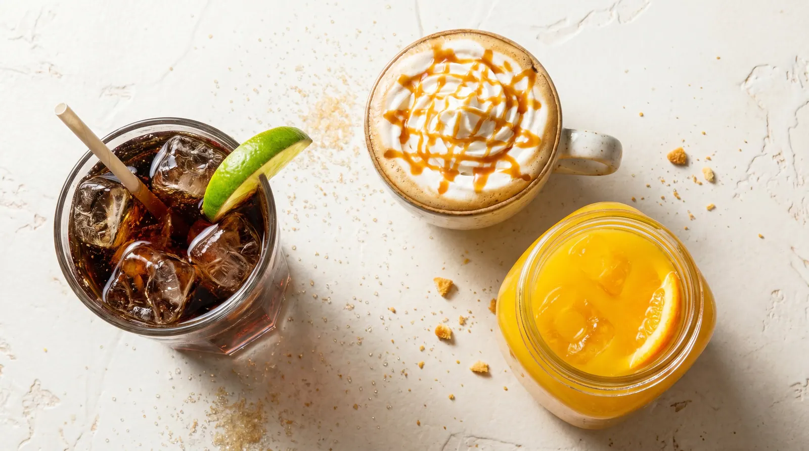Sugary drinks, juice, and a spoon pouring cooking oil to illustrate hidden calories