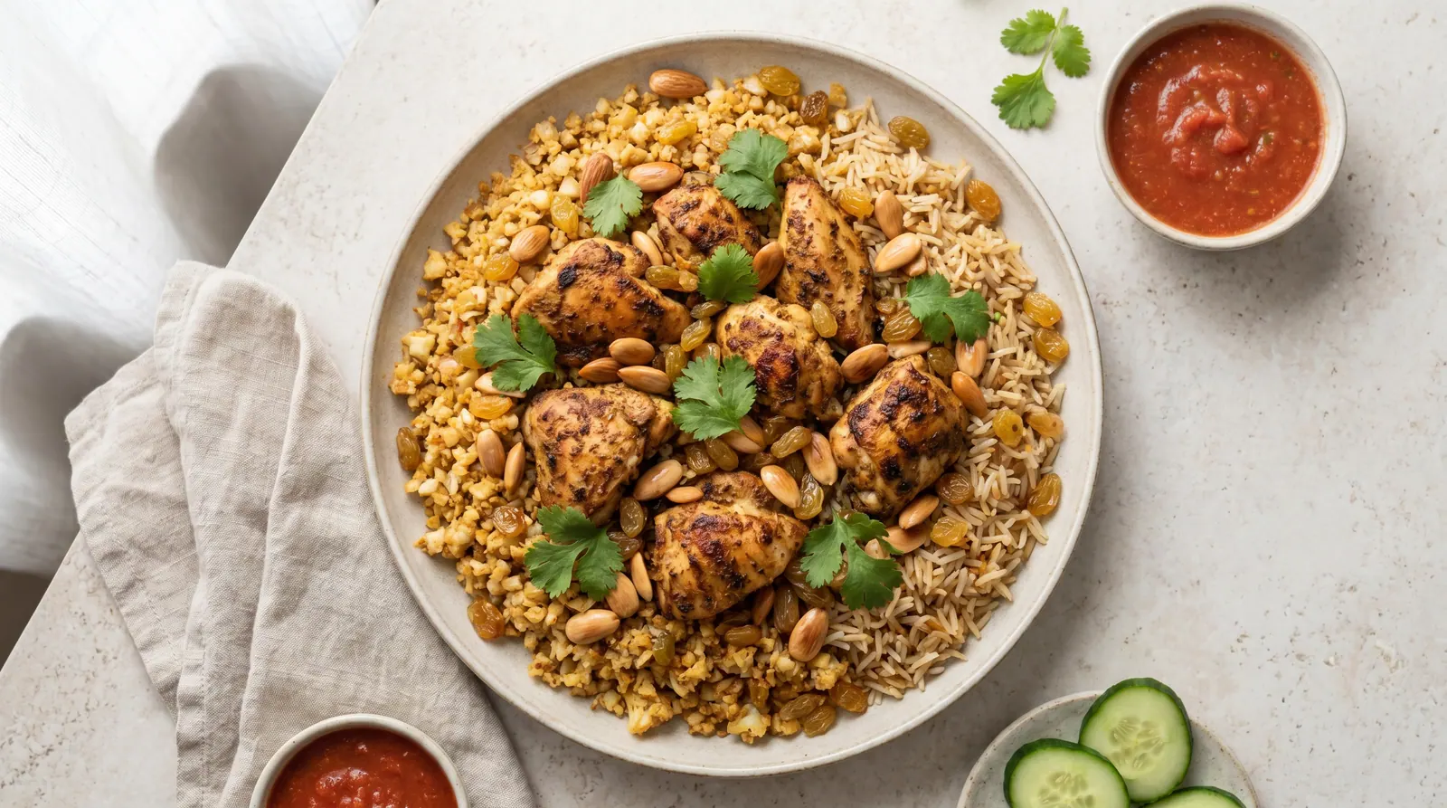 Lighter Kabsa with skinless chicken breast, mixed brown rice, and abundant vegetables