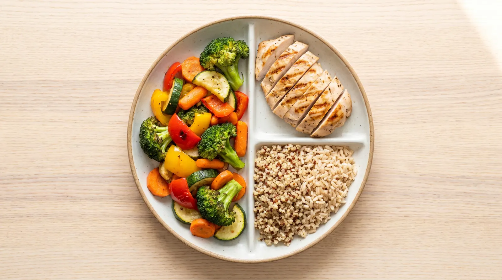 A balanced plate, half vegetables, a quarter protein, and a quarter carbohydrates