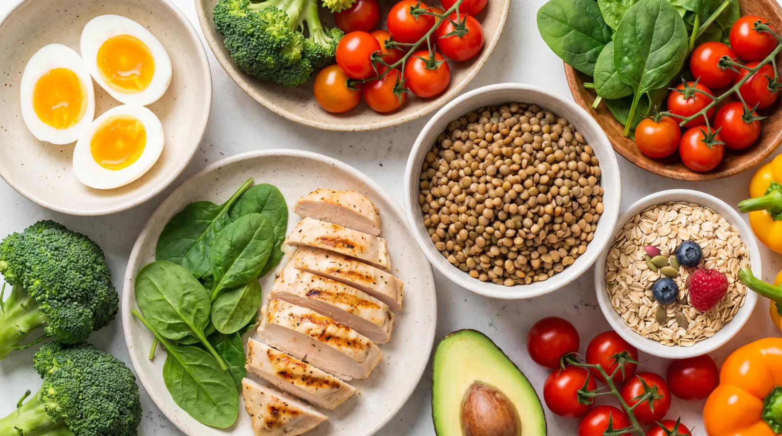 Protein and fiber-rich foods like eggs, lentils, oats, fish, yogurt, and vegetables
