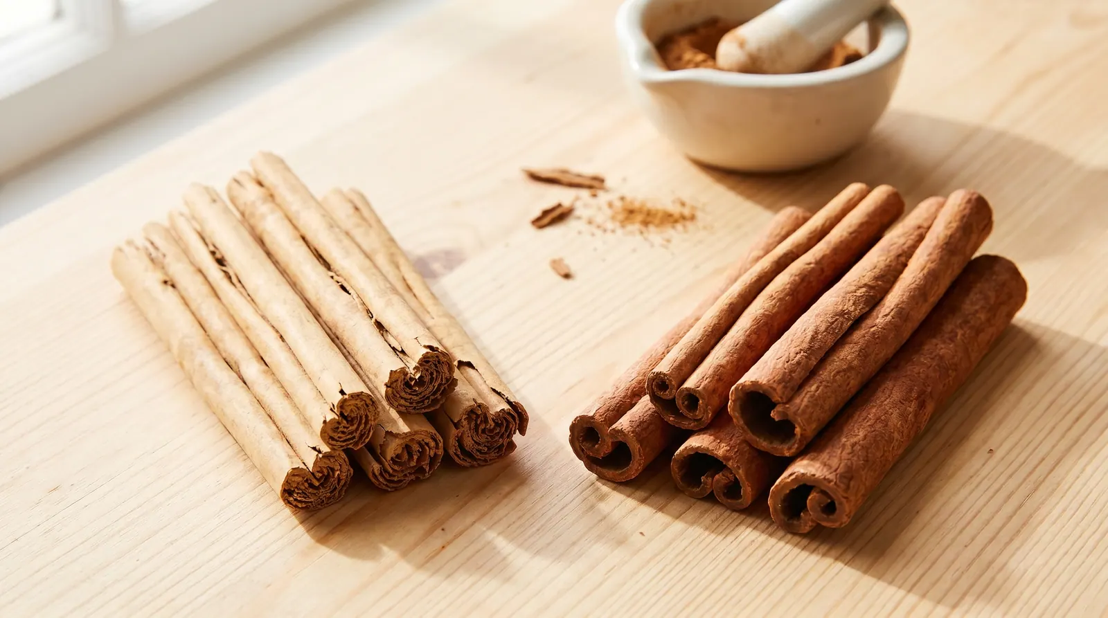 Comparison between a thin Ceylon cinnamon stick and a thick Cassia stick