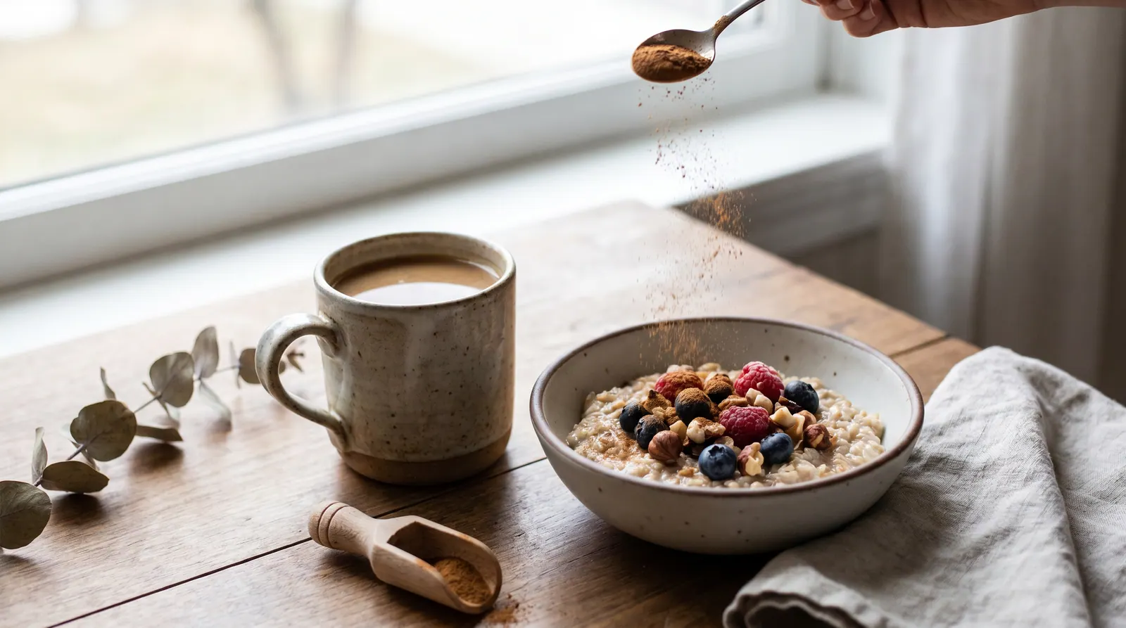 A sprinkle of cinnamon on a cup of coffee and a bowl of morning oats