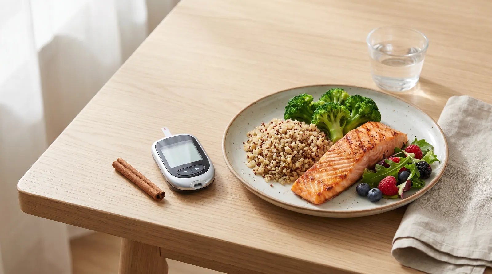 A sprinkle of cinnamon next to a blood glucose meter