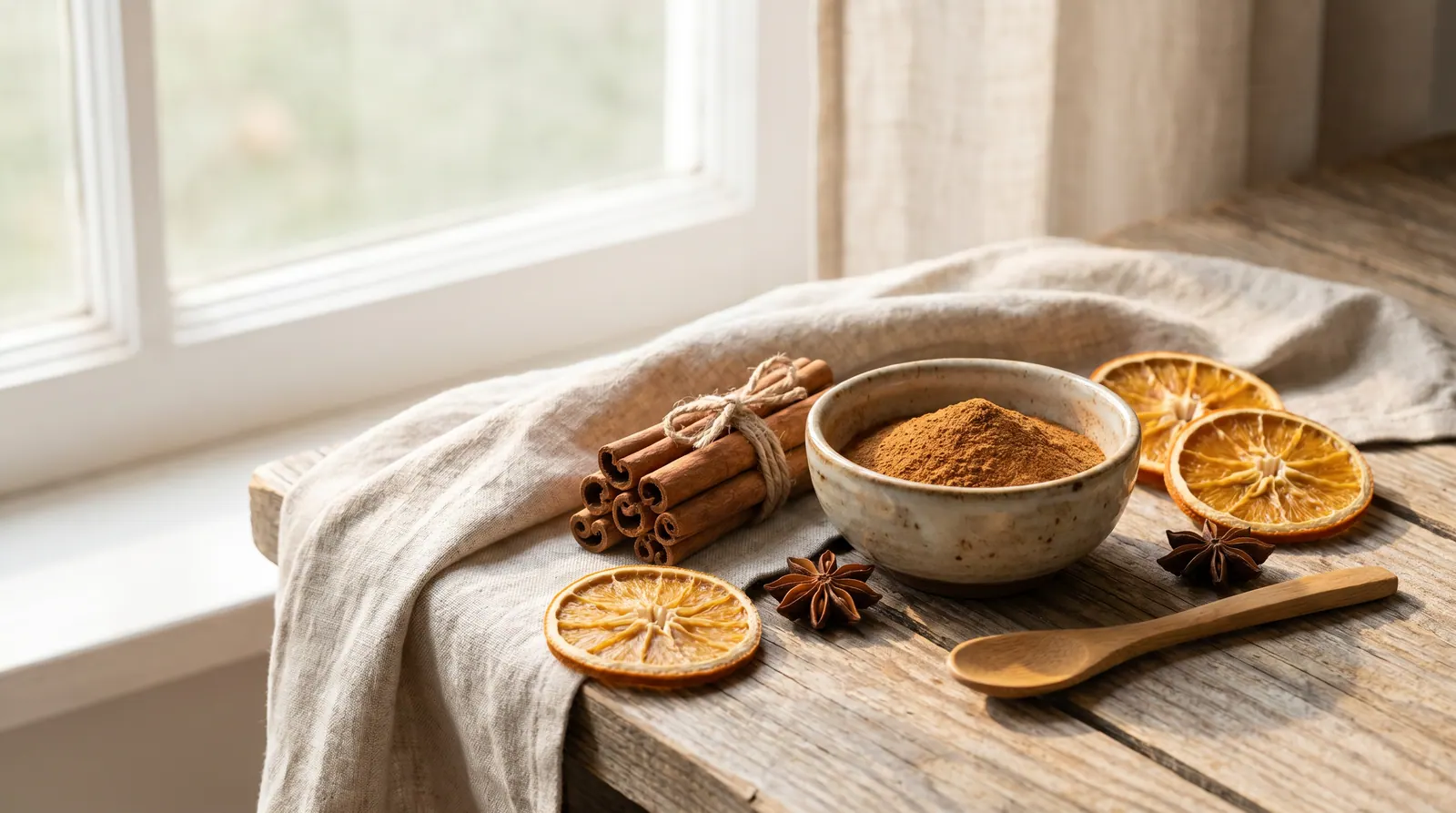 Cinnamon sticks and powder on a calm wooden surface