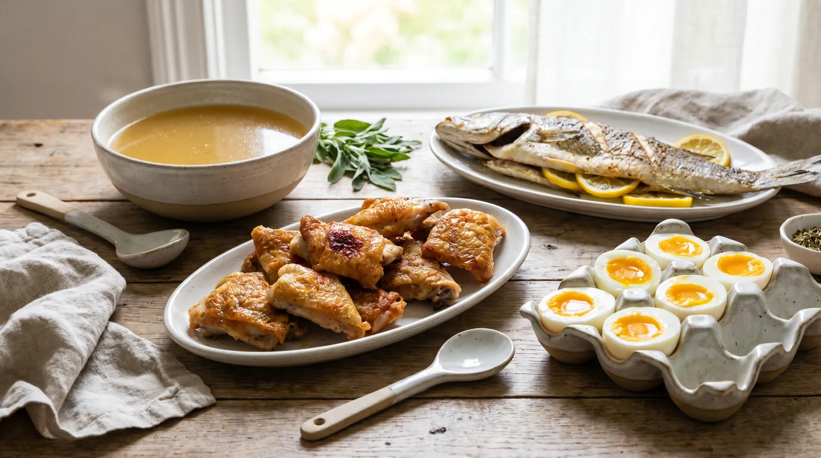 Bone broth, fish, meat, bell peppers, and citrus fruits on a natural table setting