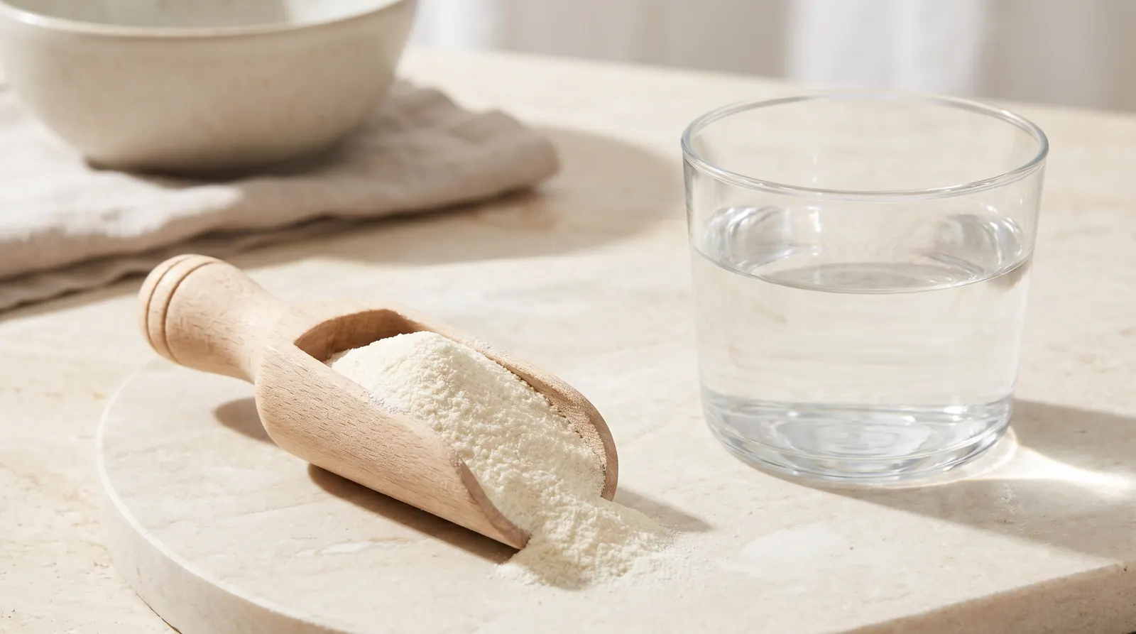 A scoop of collagen powder next to a supplement container with neutral lighting