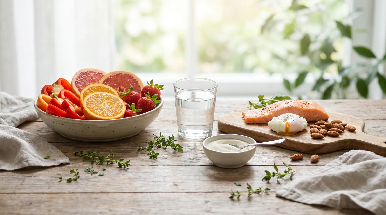 Colorful bell peppers and citrus fruits next to a protein dish as a symbol for collagen synthesis with Vitamin C