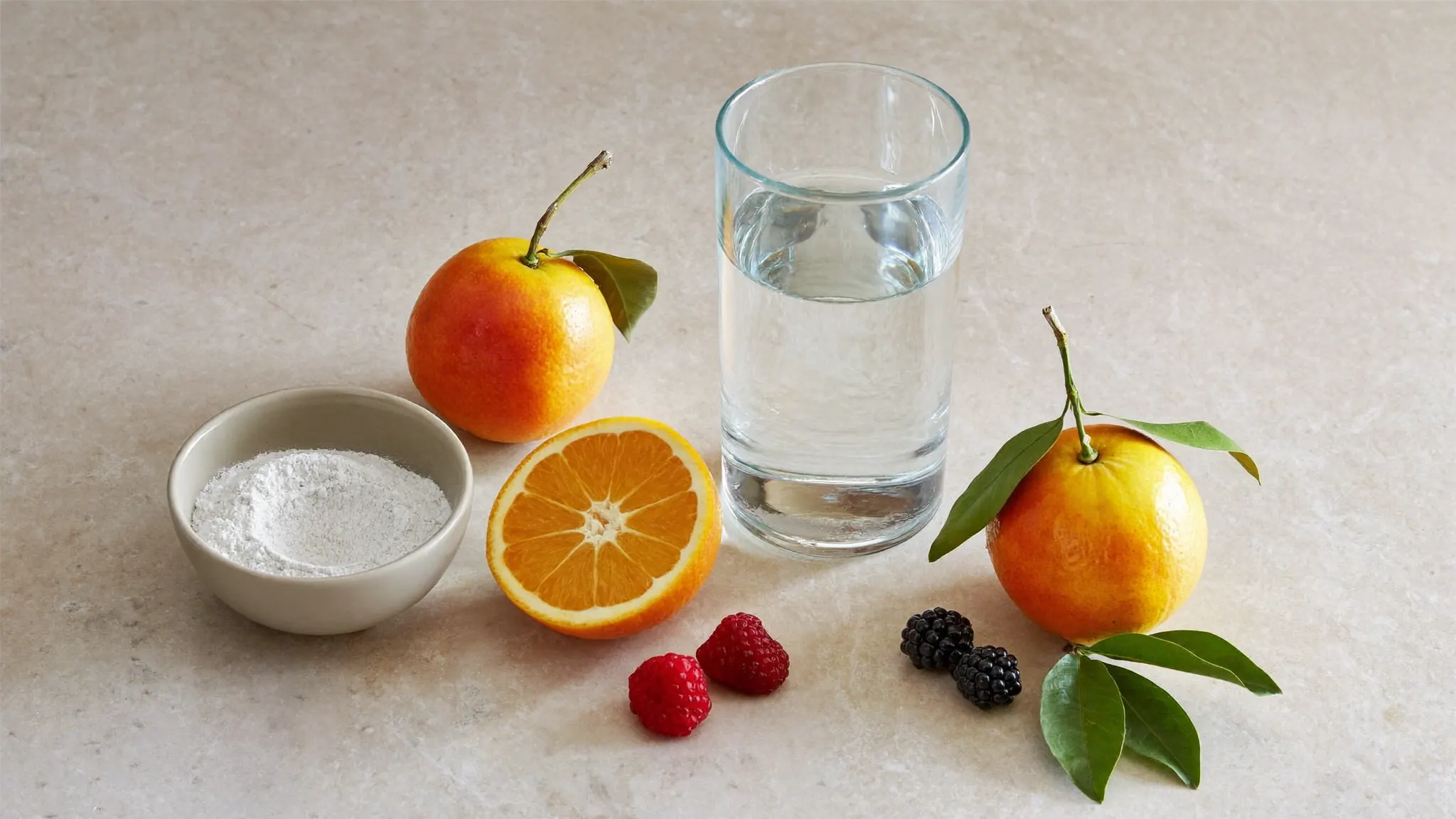 A plate rich in protein and citrus fruits building collagen with soft natural lighting