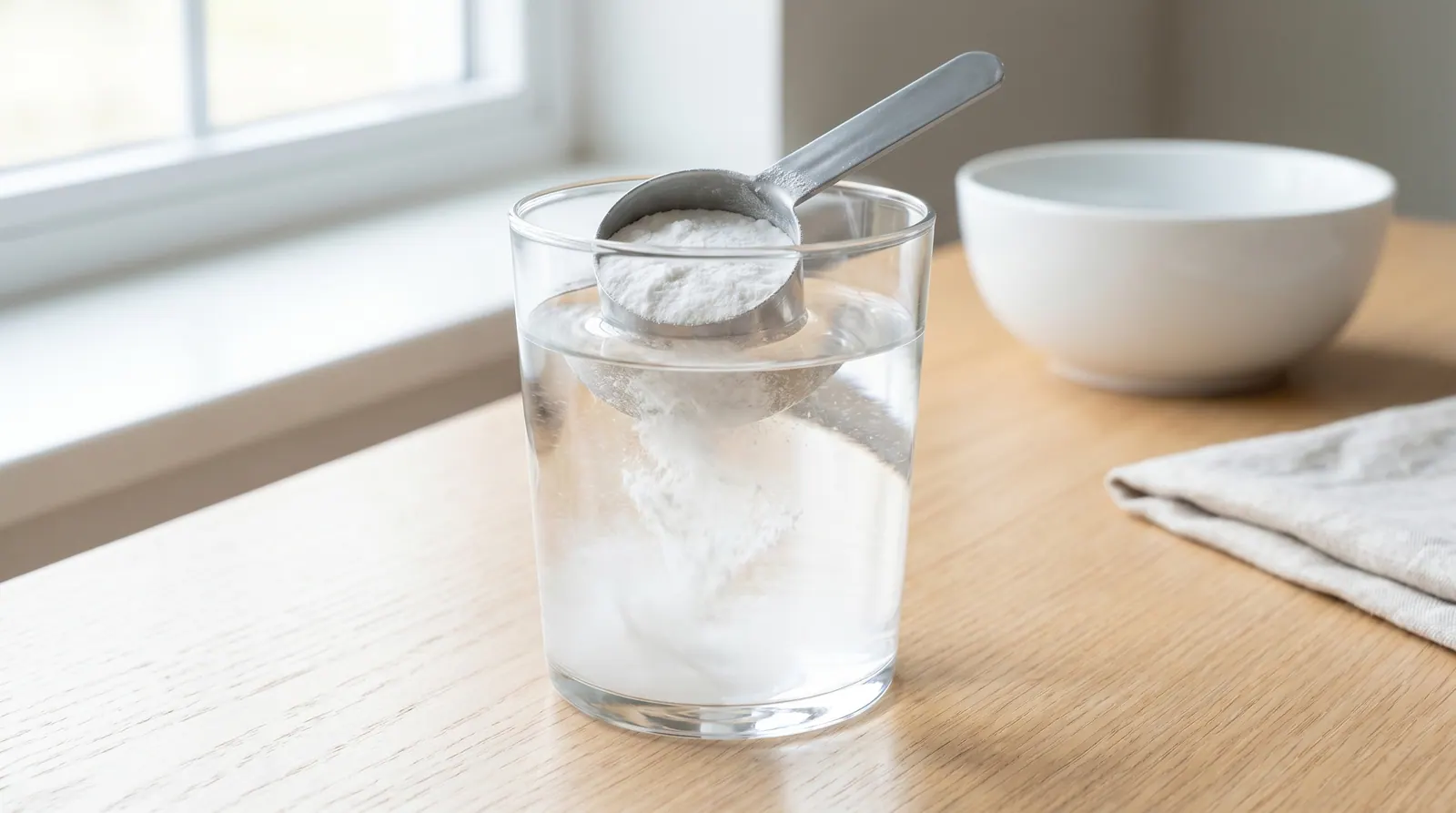 A scoop of creatine monohydrate dissolved in a glass of water on a calm kitchen counter