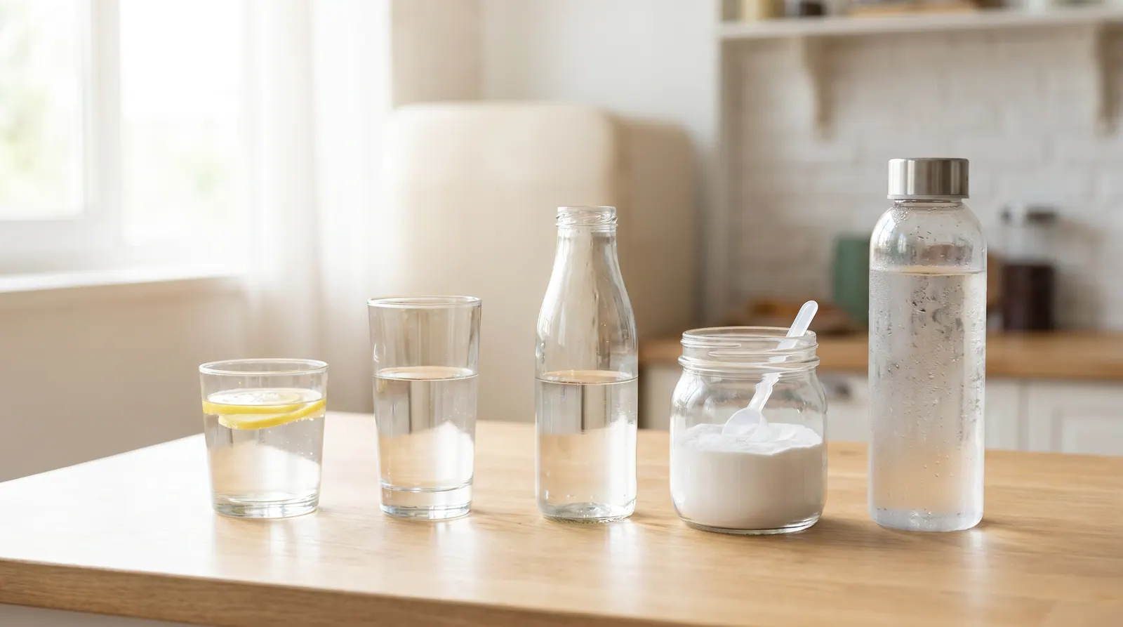 A large glass of water next to a creatine container, symbolizing good daily hydration