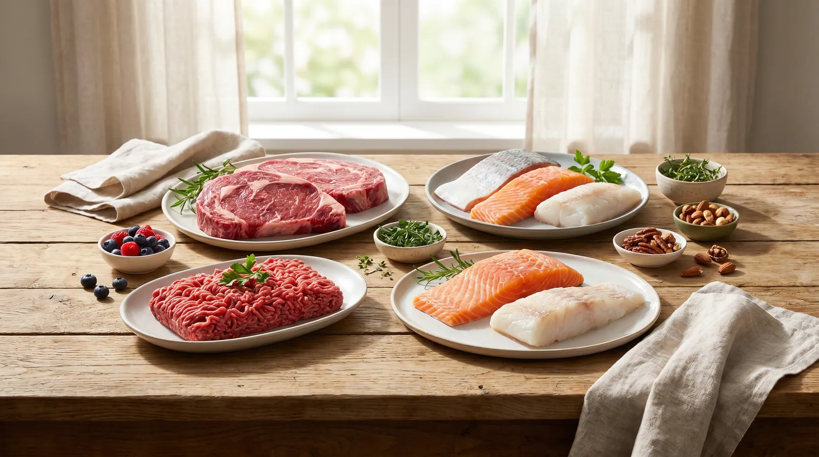 Red meat, fish, and chicken on a cutting board as natural dietary sources of creatine