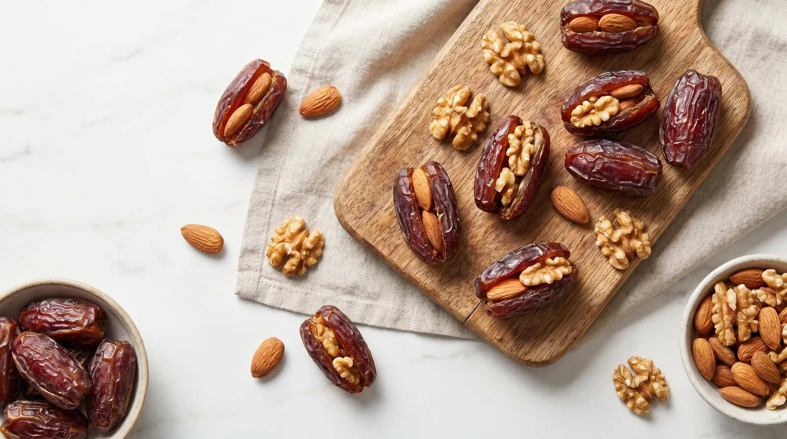 Dates paired with nuts on a light-colored plate
