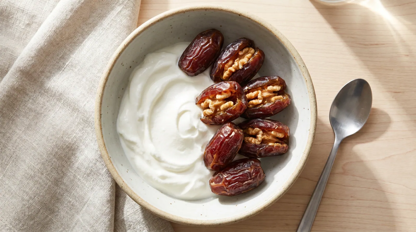A bowl of yogurt with sliced dates and pistachios