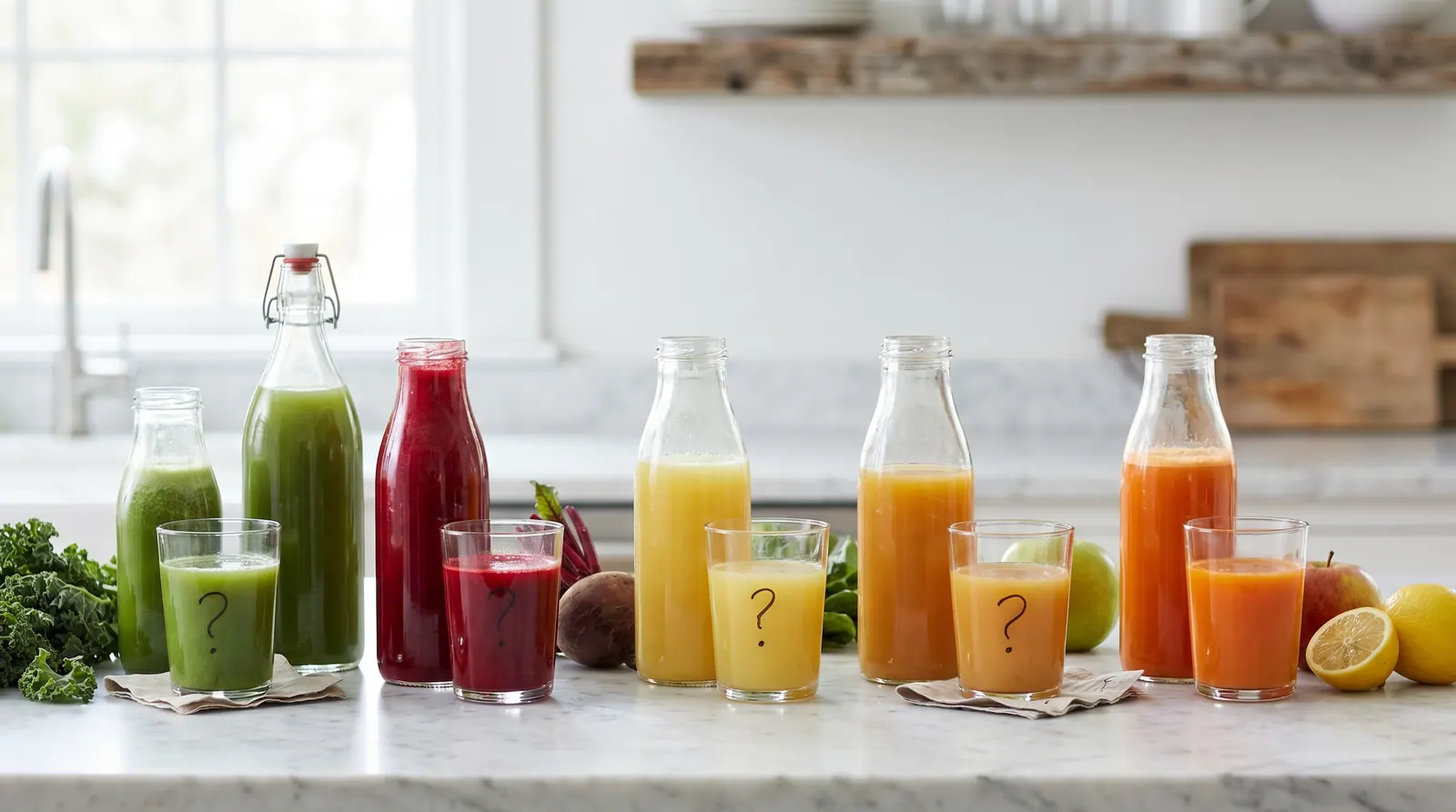 A bottle of green detox juice next to a question mark symbolizing unproven claims