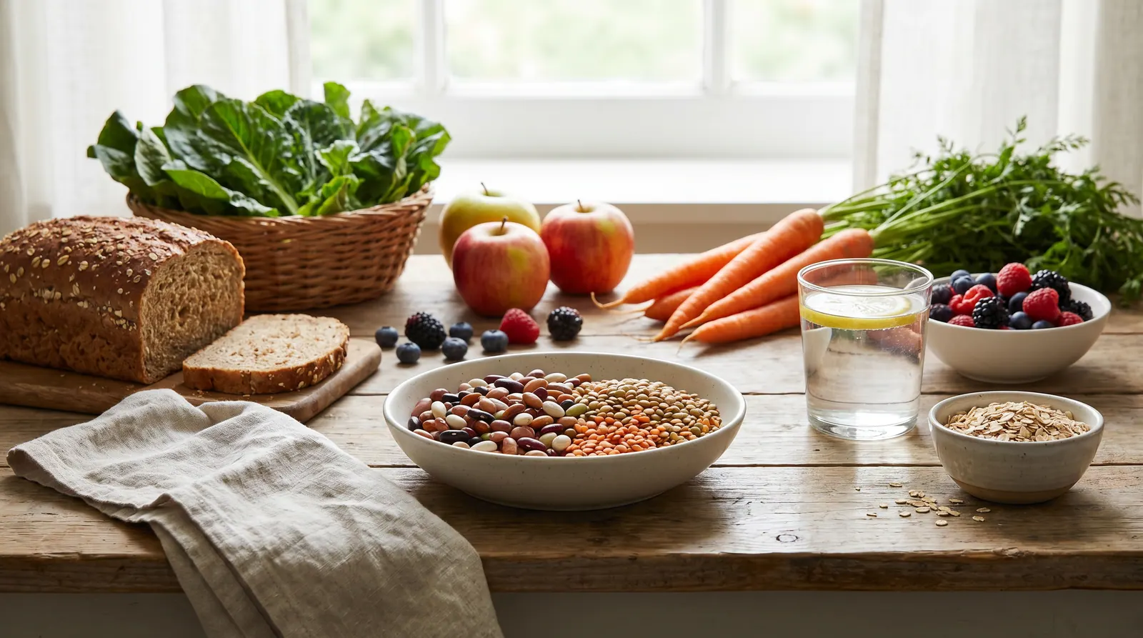 Vegetables, fruits, legumes, and a glass of water as true support for body cleansing