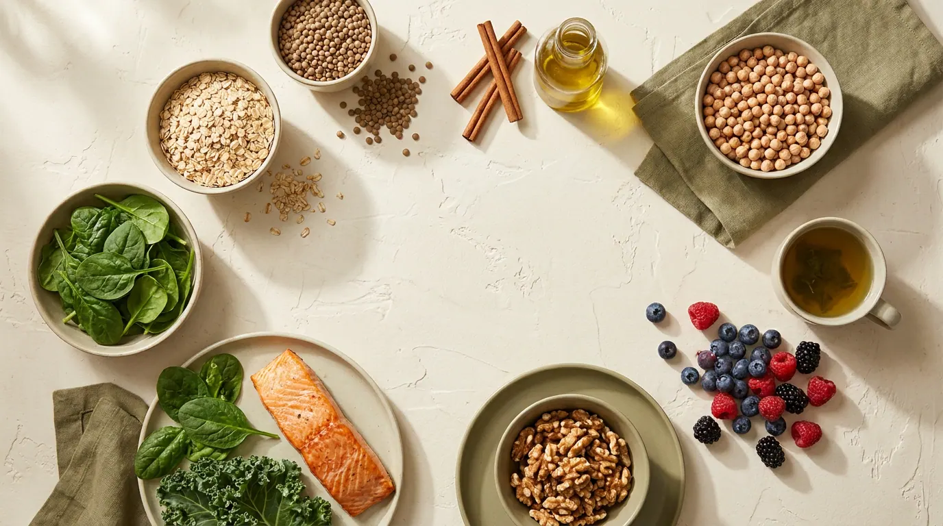 Sugar-friendly foods: cinnamon, oats, lentils, chickpeas, leafy greens, salmon, walnuts, olive oil, green tea, berries