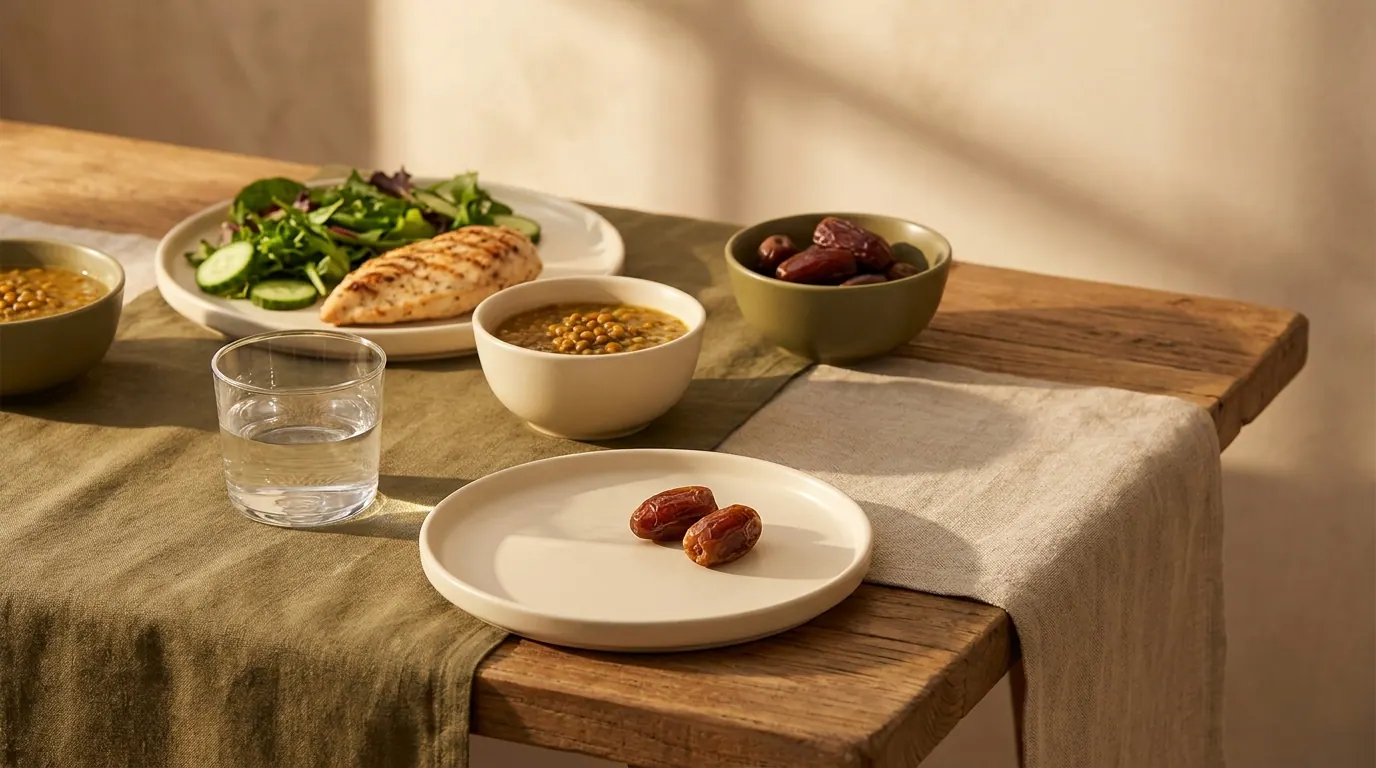 A calm Ramadan Iftar table for a diabetic: dates and a glass of water, lentil soup, grilled protein, and moderate salad