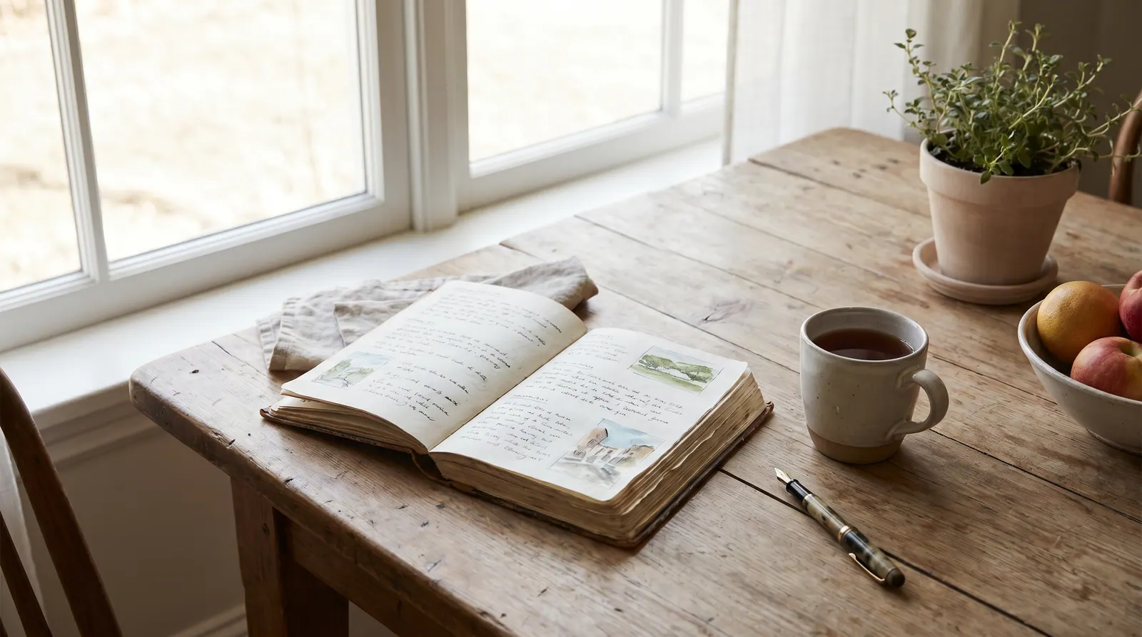 An open notebook and pen next to a cup of tea on a wooden table in soft morning light