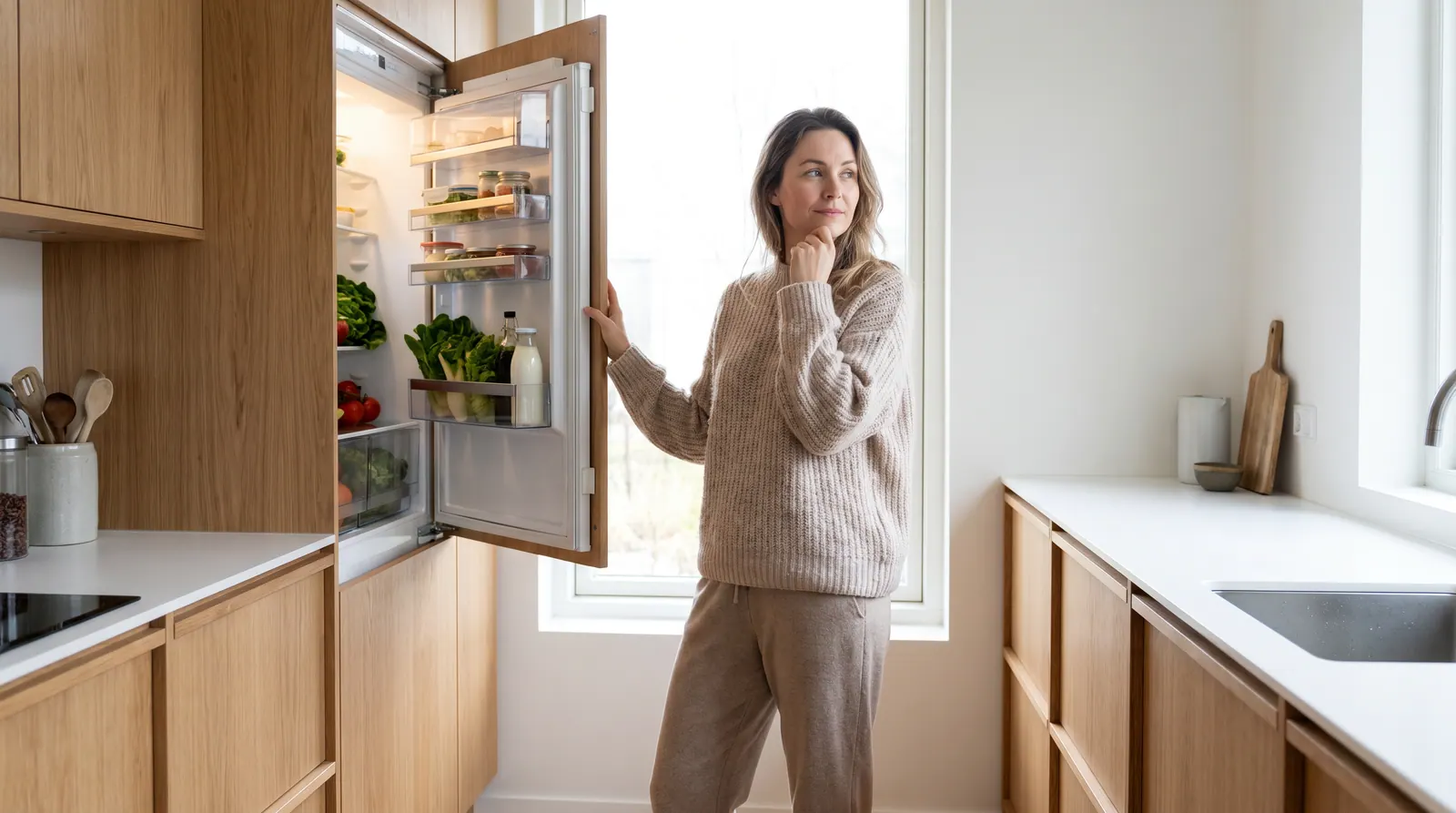 A woman standing thoughtfully in a quiet kitchen in the evening, her hand on a slightly ajar refrigerator door