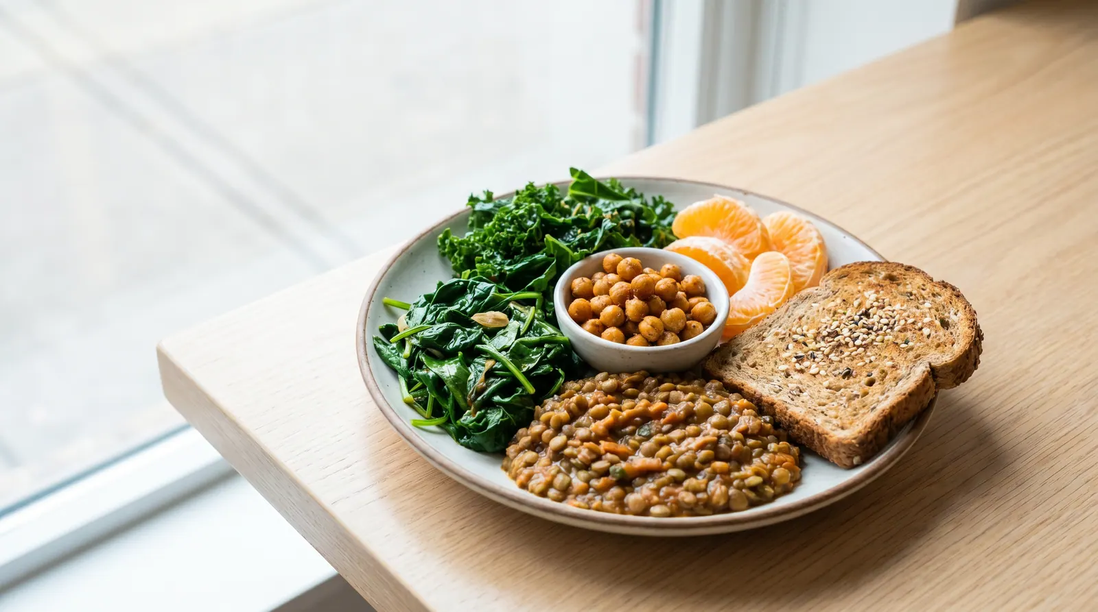 A daily folate plate combining lentils, spinach, oranges, and red beans