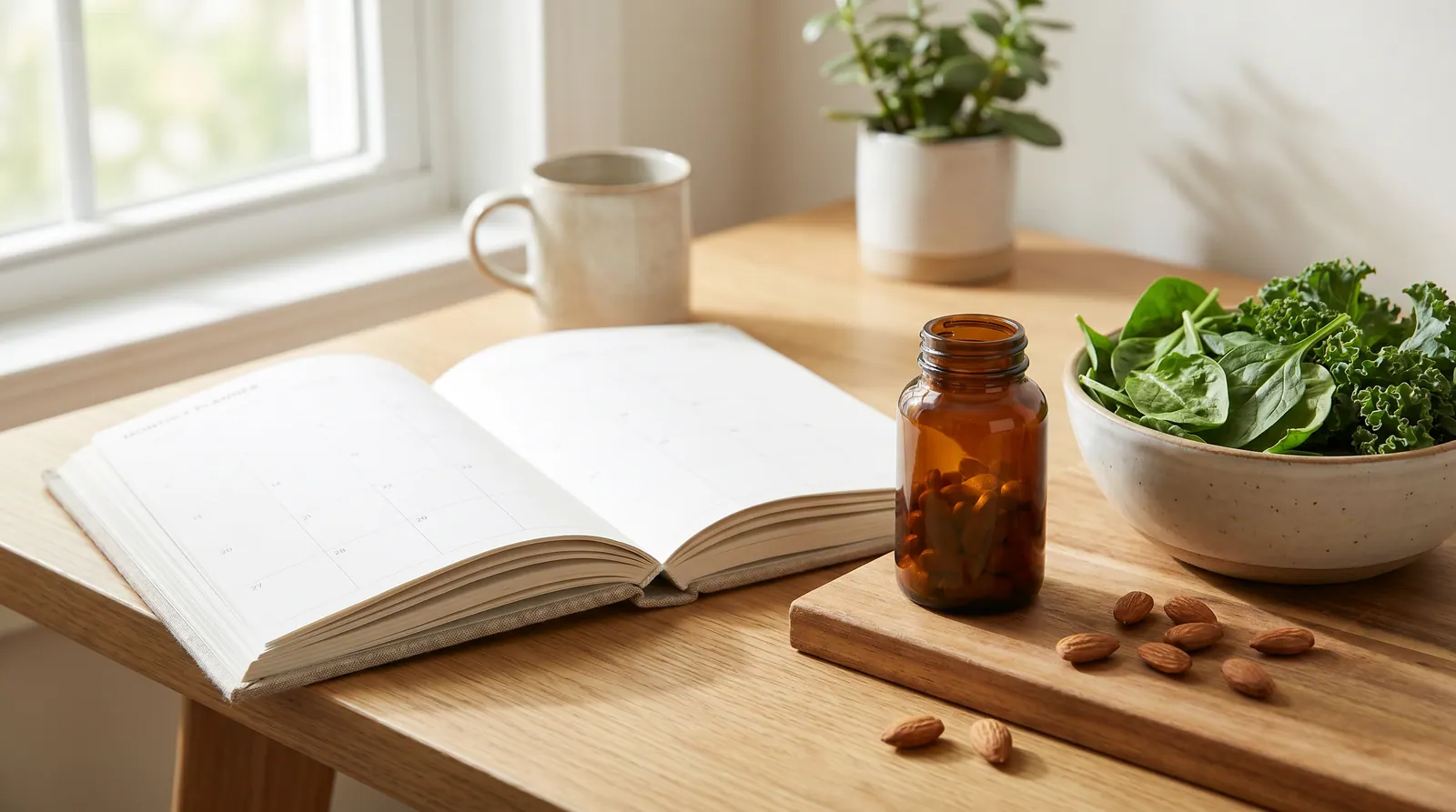 Symbol of early pregnancy planning with a green plant, calendar, and leafy greens