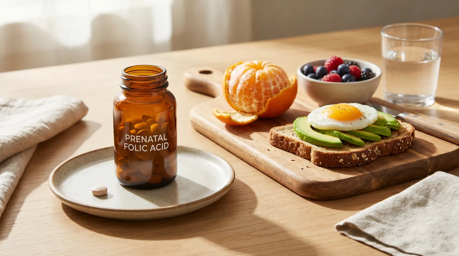 A folic acid pill next to a glass of orange juice and fortified breakfast cereal