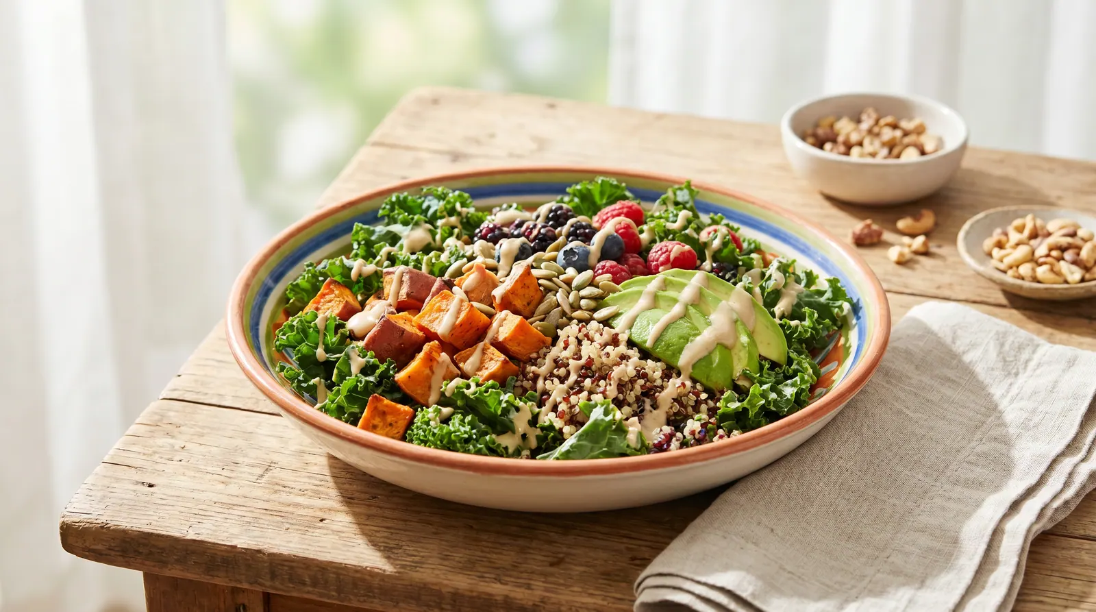 Fiber-rich vegetables, fruits, legumes, and whole grains on a wooden board