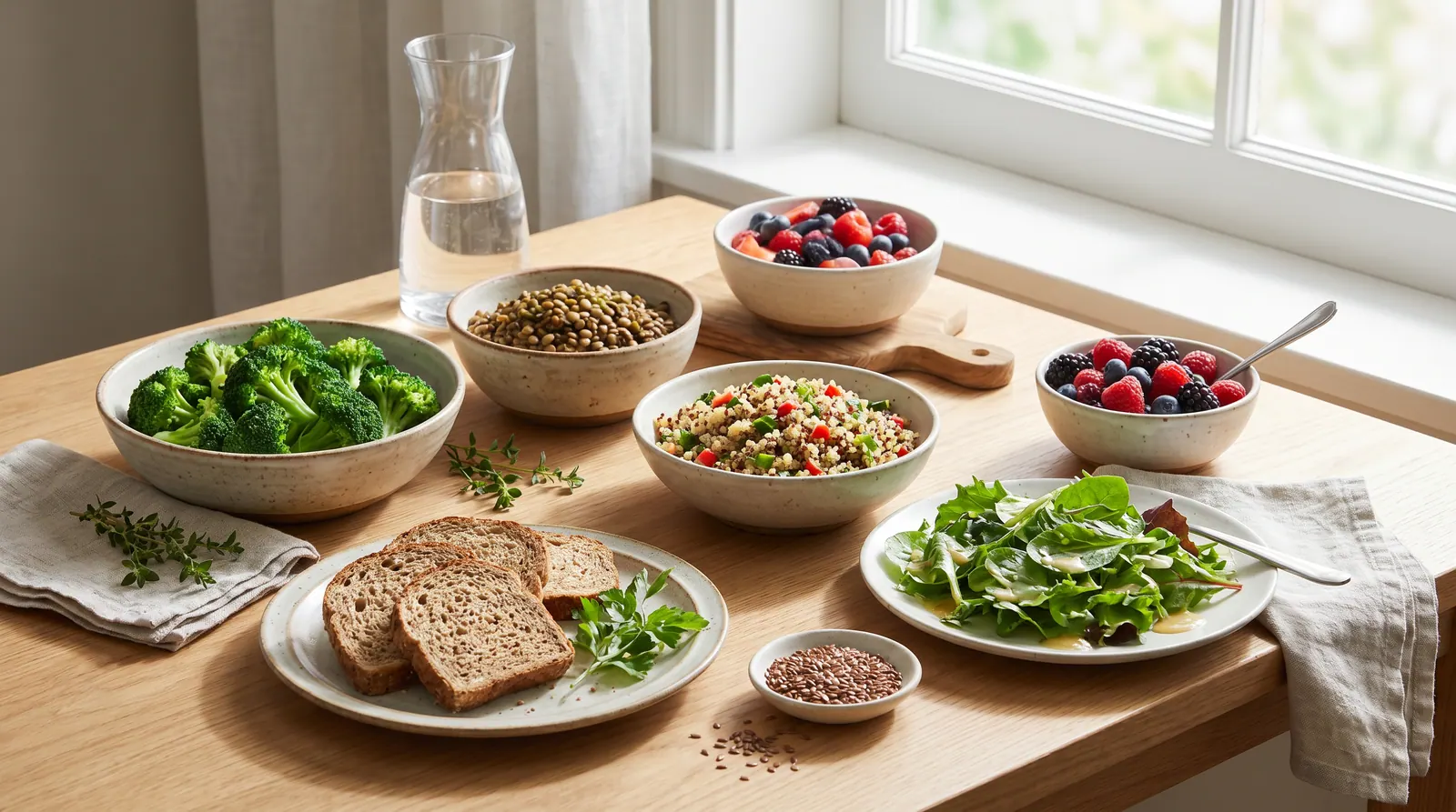 Gallbladder-friendly foods including vegetables, legumes, olive oil, and fish on a calm table