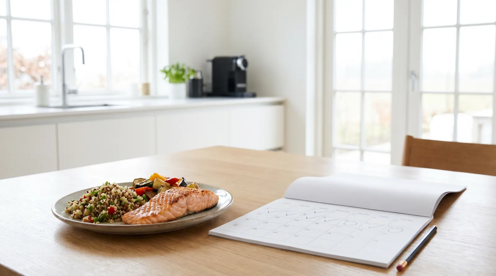 A scale, notebook, and balanced plate symbolizing gentle, gradual weight loss